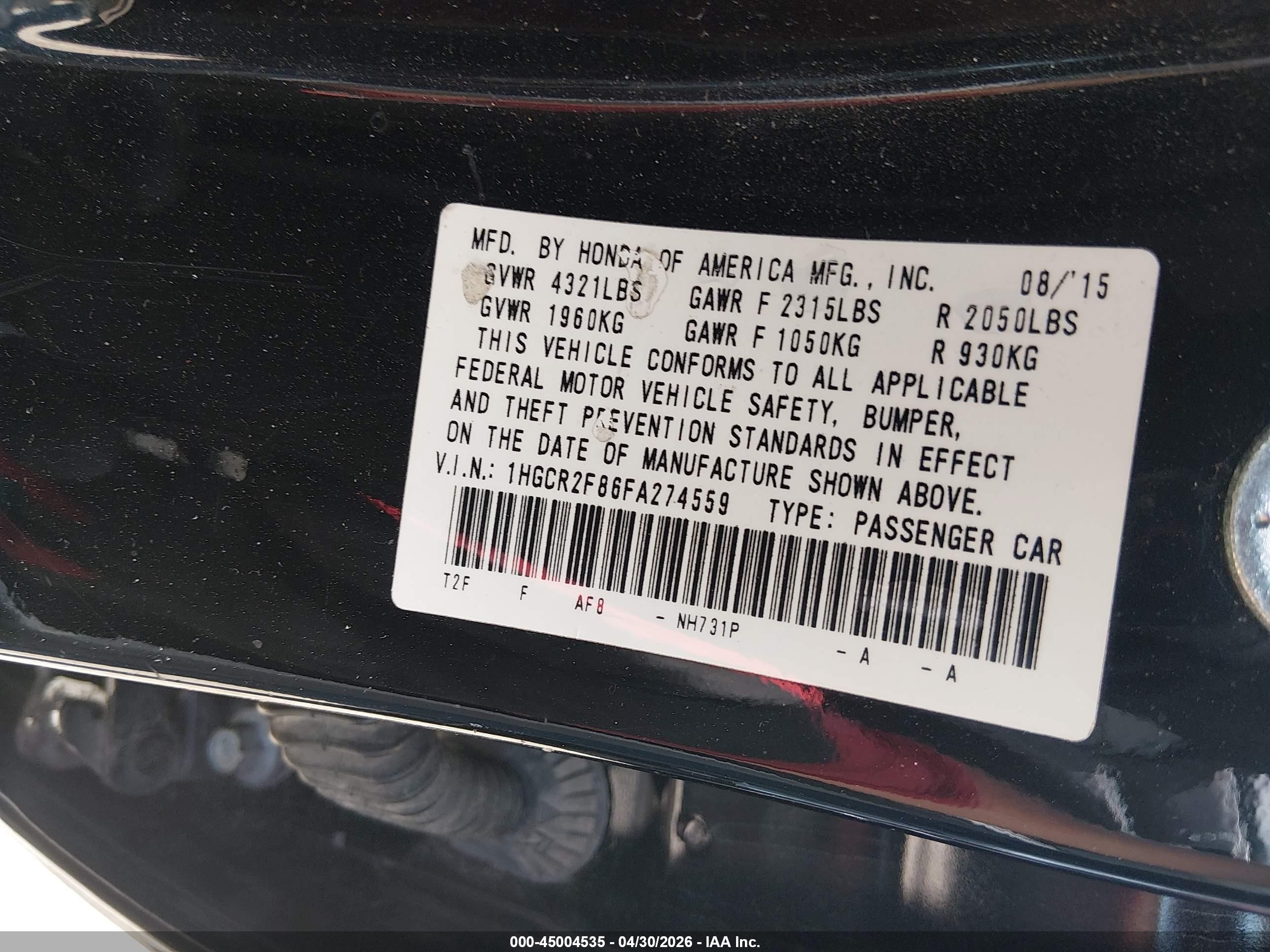 2015 Honda Accord Ex-l Black vin: 1HGCR2F86FA274559