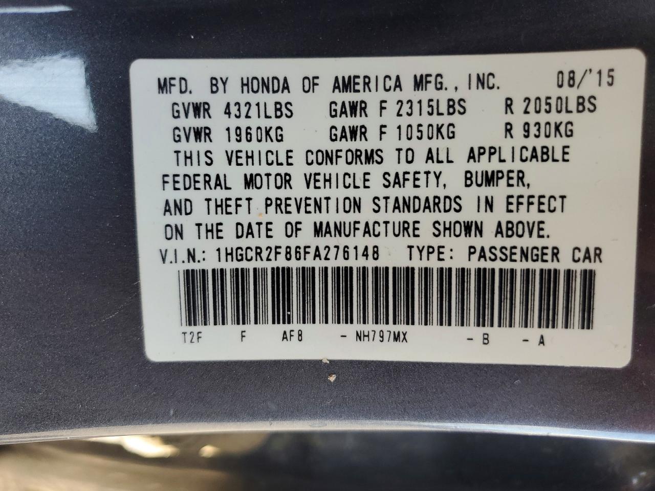 2015 Honda Accord Exl Серый vin: 1HGCR2F86FA276148