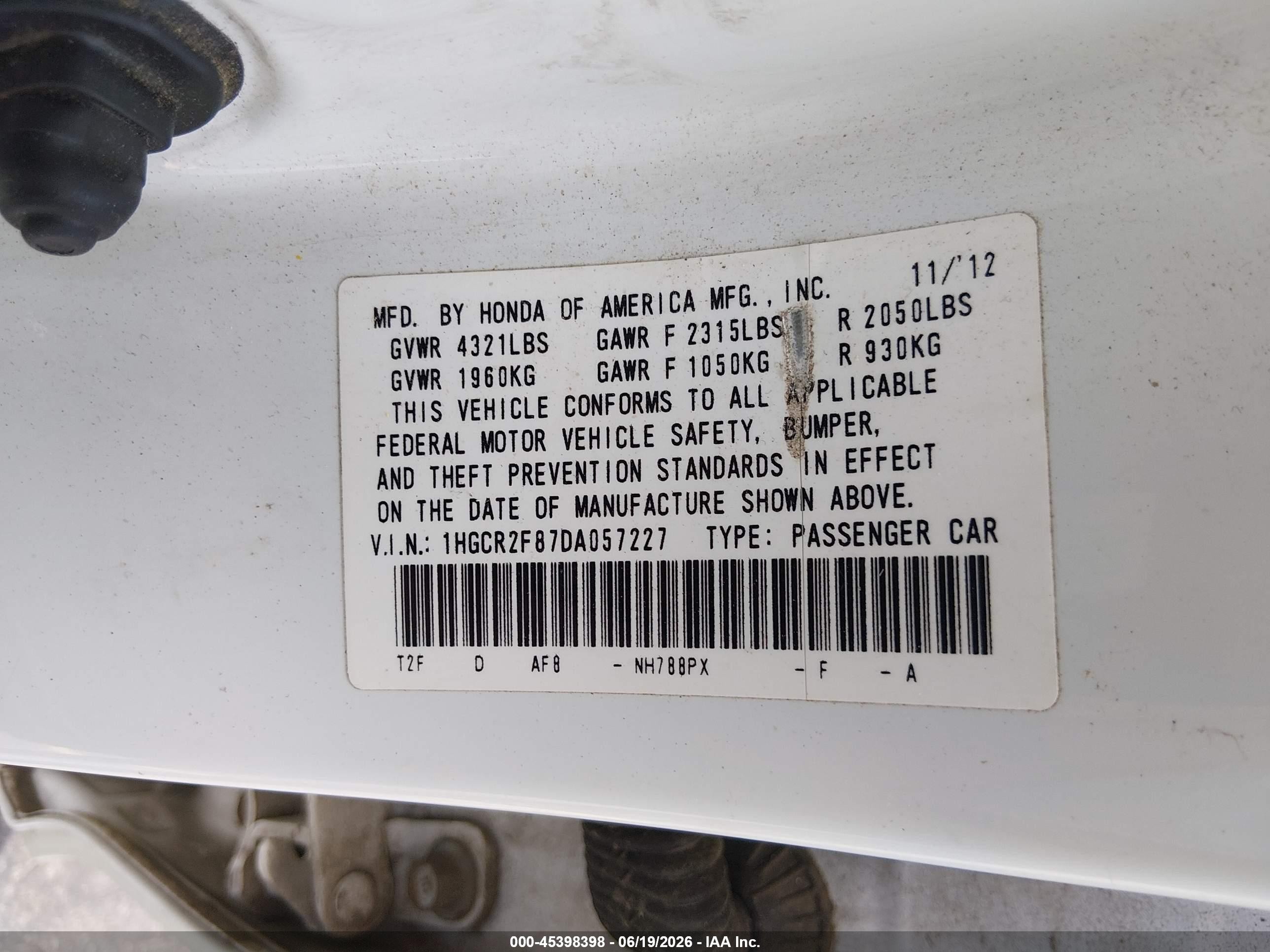 2013 Honda Accord Ex-l Белый vin: 1HGCR2F87DA057227