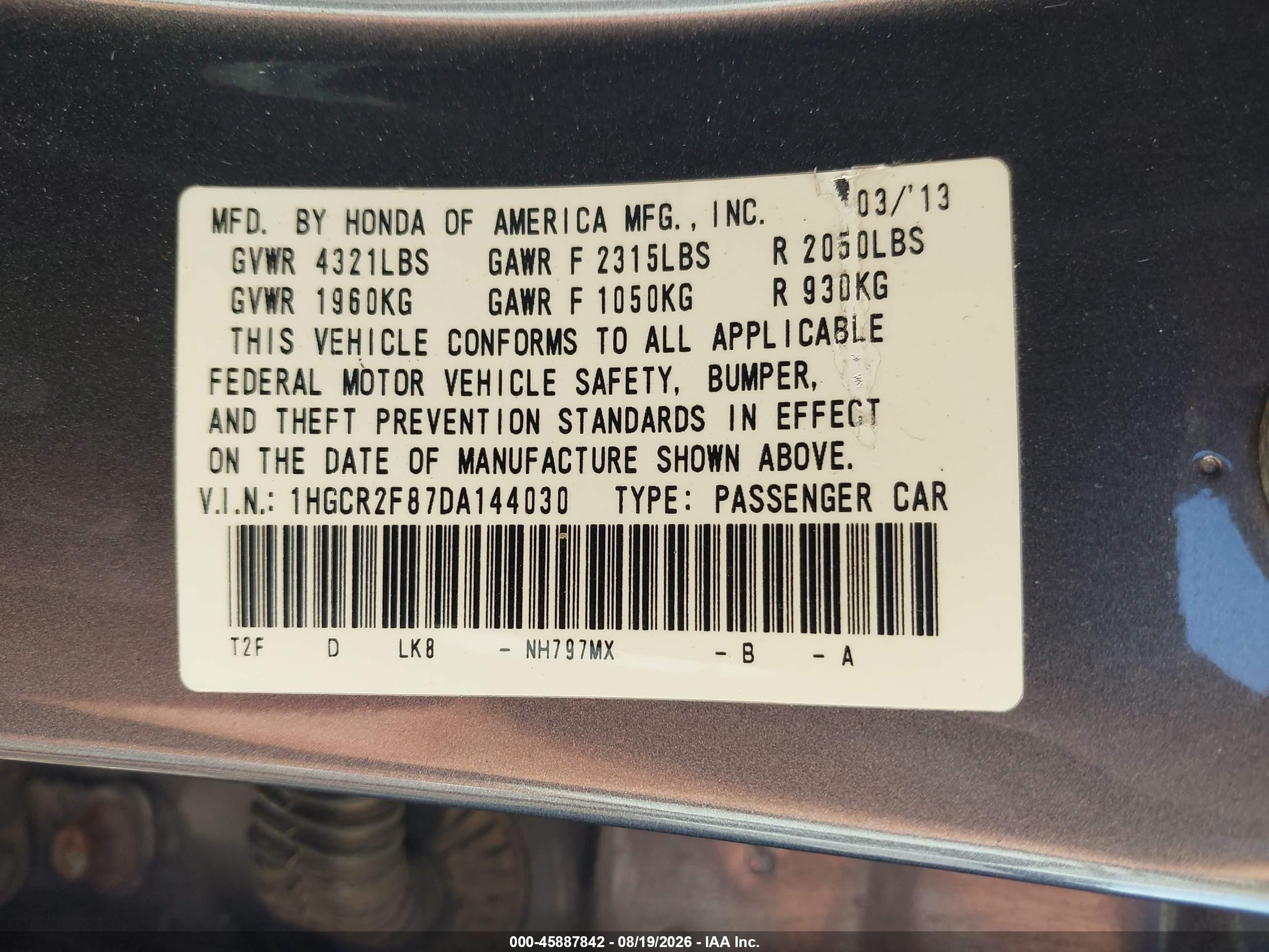 2013 Honda Accord Ex-l Серый vin: 1HGCR2F87DA144030