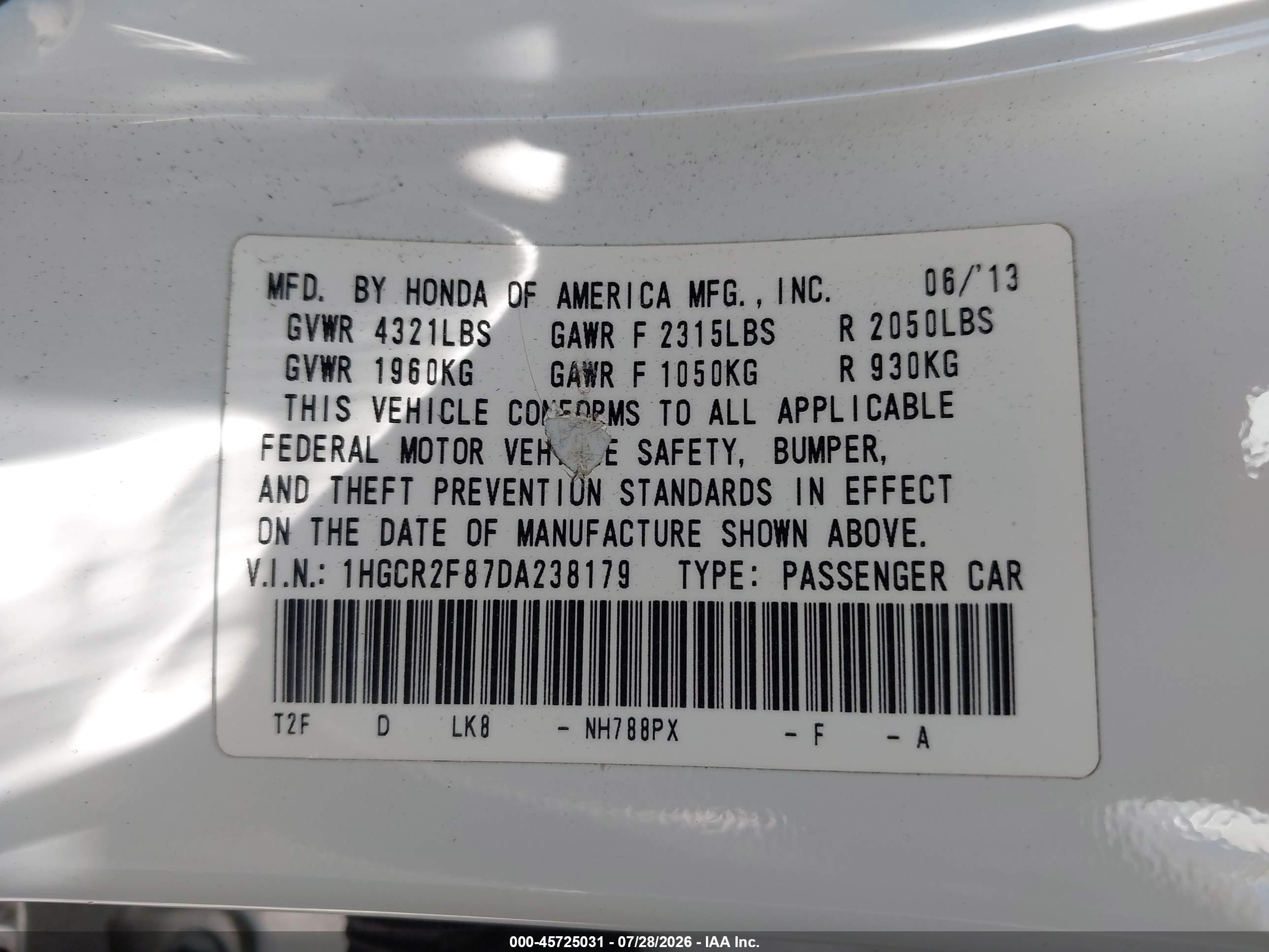 2013 Honda Accord Ex-l Белый vin: 1HGCR2F87DA238179