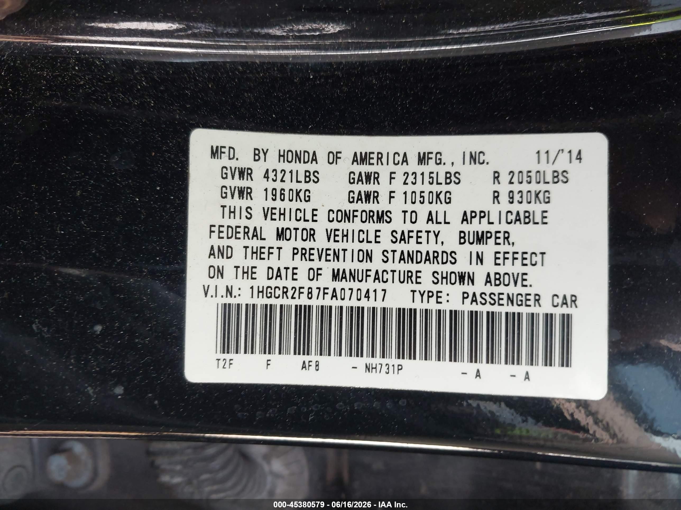2015 Honda Accord Ex-l Black vin: 1HGCR2F87FA070417