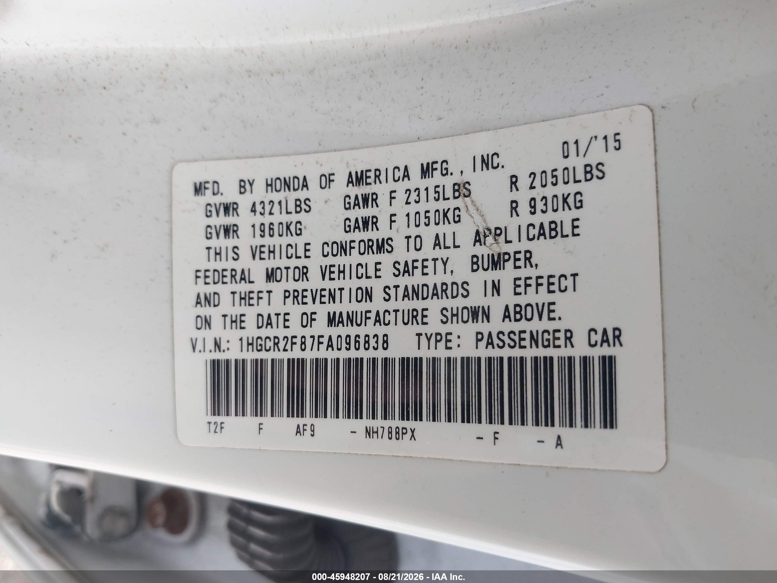 2015 Honda Accord Ex-l White vin: 1HGCR2F87FA096838
