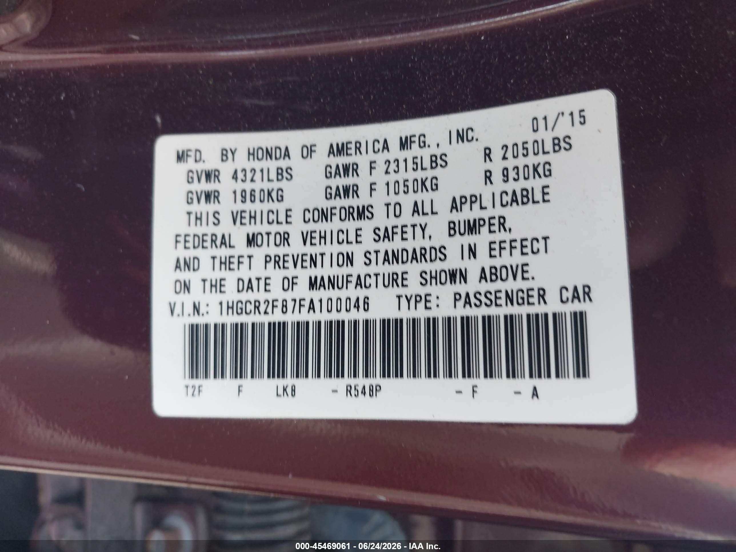 2015 Honda Accord Ex-l Burgundy vin: 1HGCR2F87FA100046