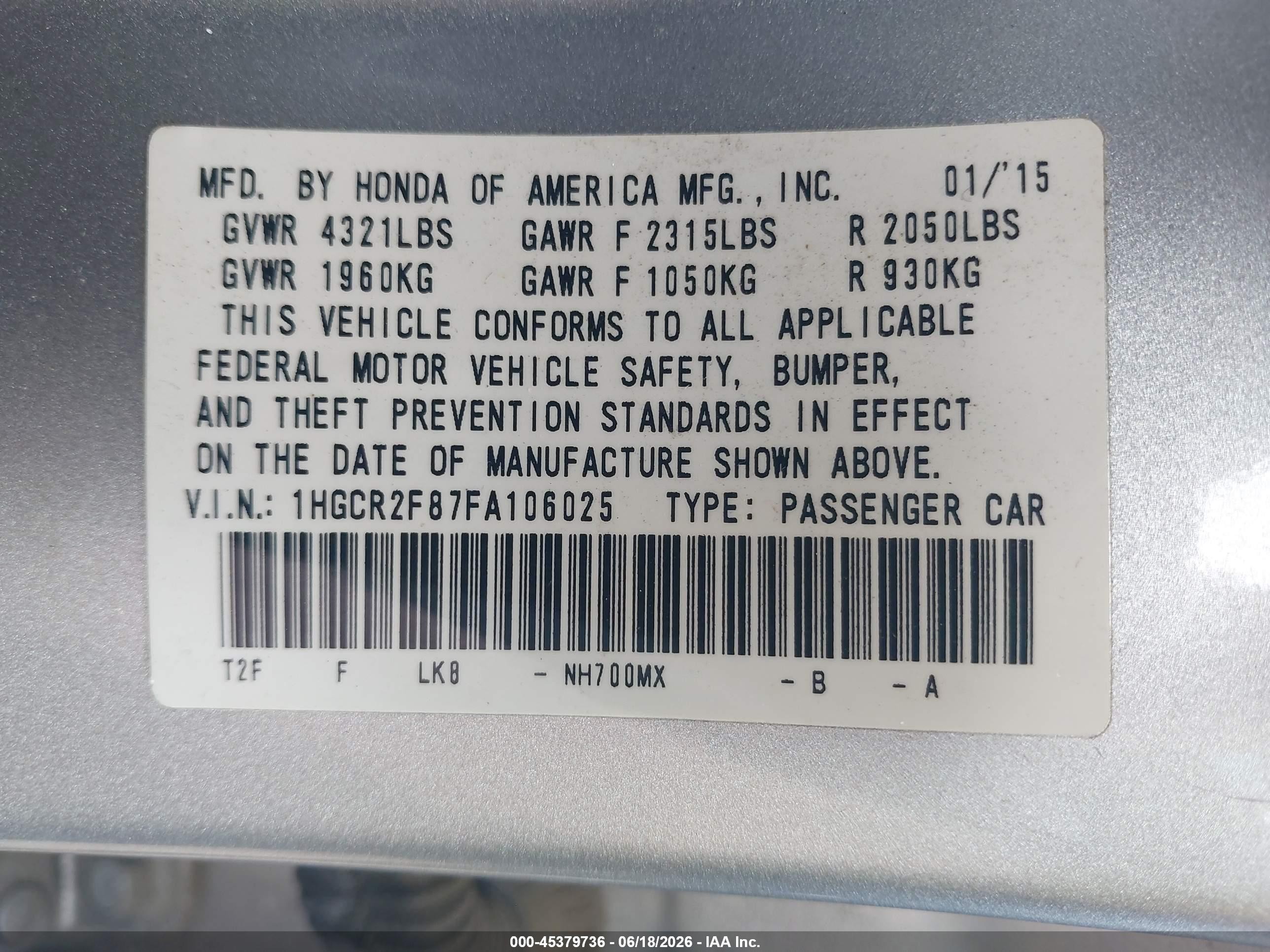 2015 Honda Accord Ex-l Silver vin: 1HGCR2F87FA106025