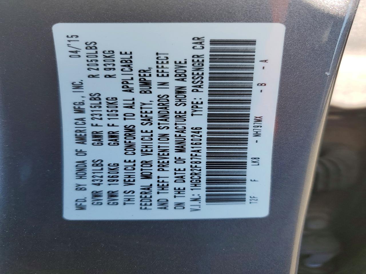 2015 Honda Accord Exl Gray vin: 1HGCR2F87FA160246