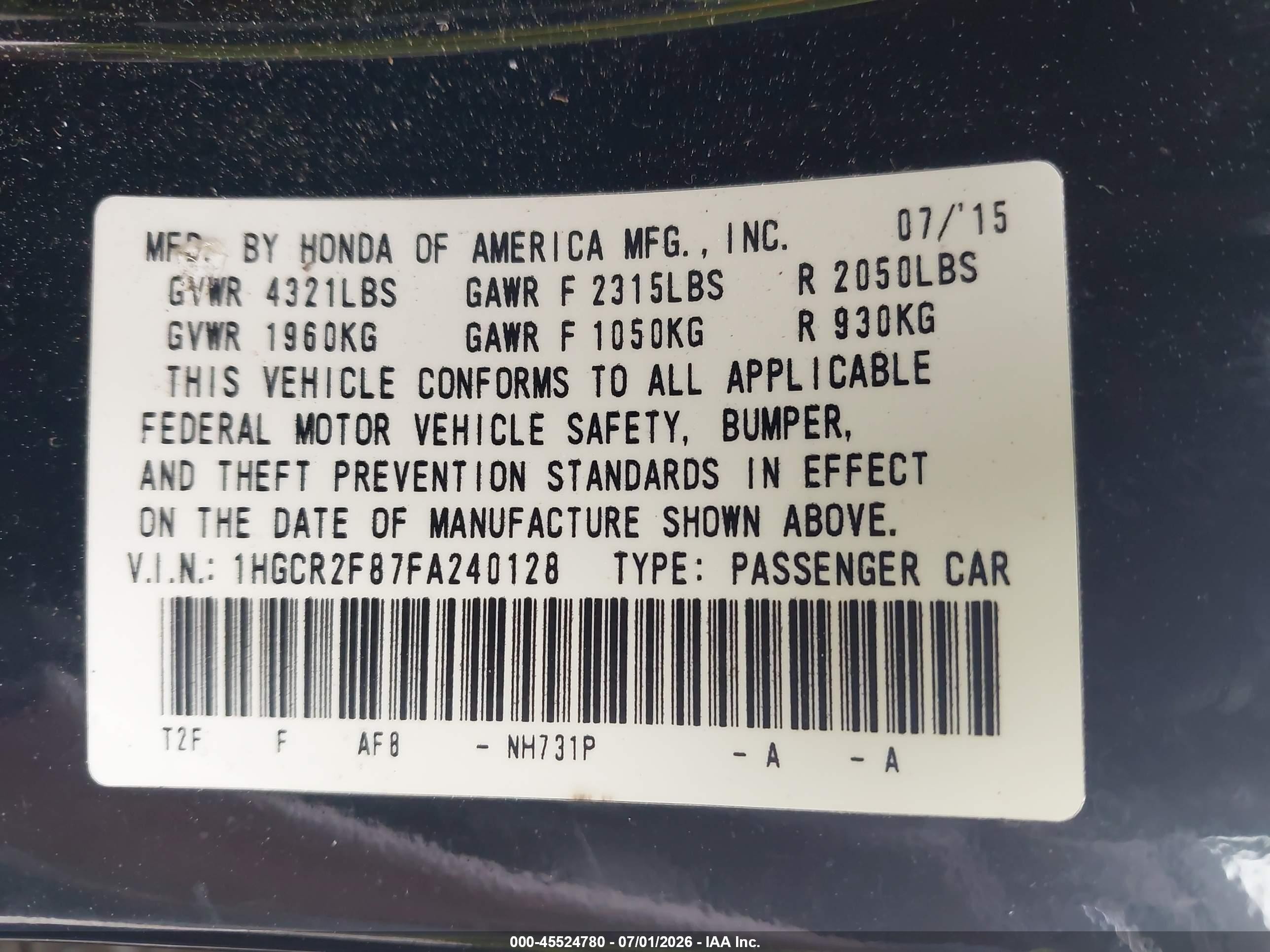 2015 Honda Accord Ex-l Black vin: 1HGCR2F87FA240128