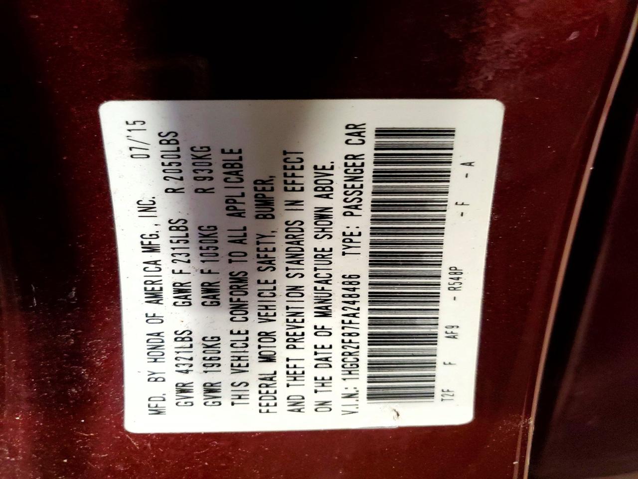 2015 Honda Accord Exl Burgundy vin: 1HGCR2F87FA248486