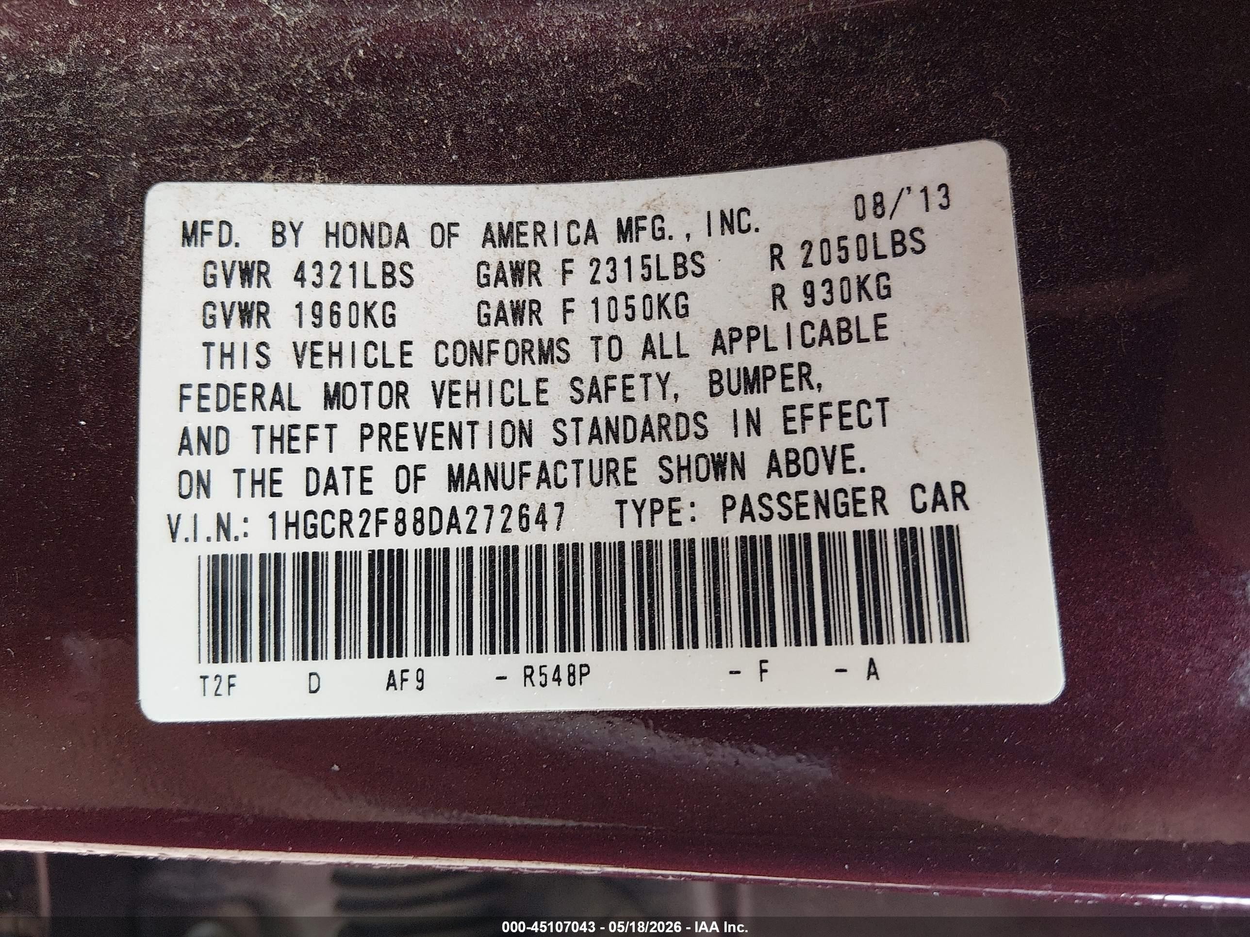 2013 Honda Accord Ex-l Maroon vin: 1HGCR2F88DA272647