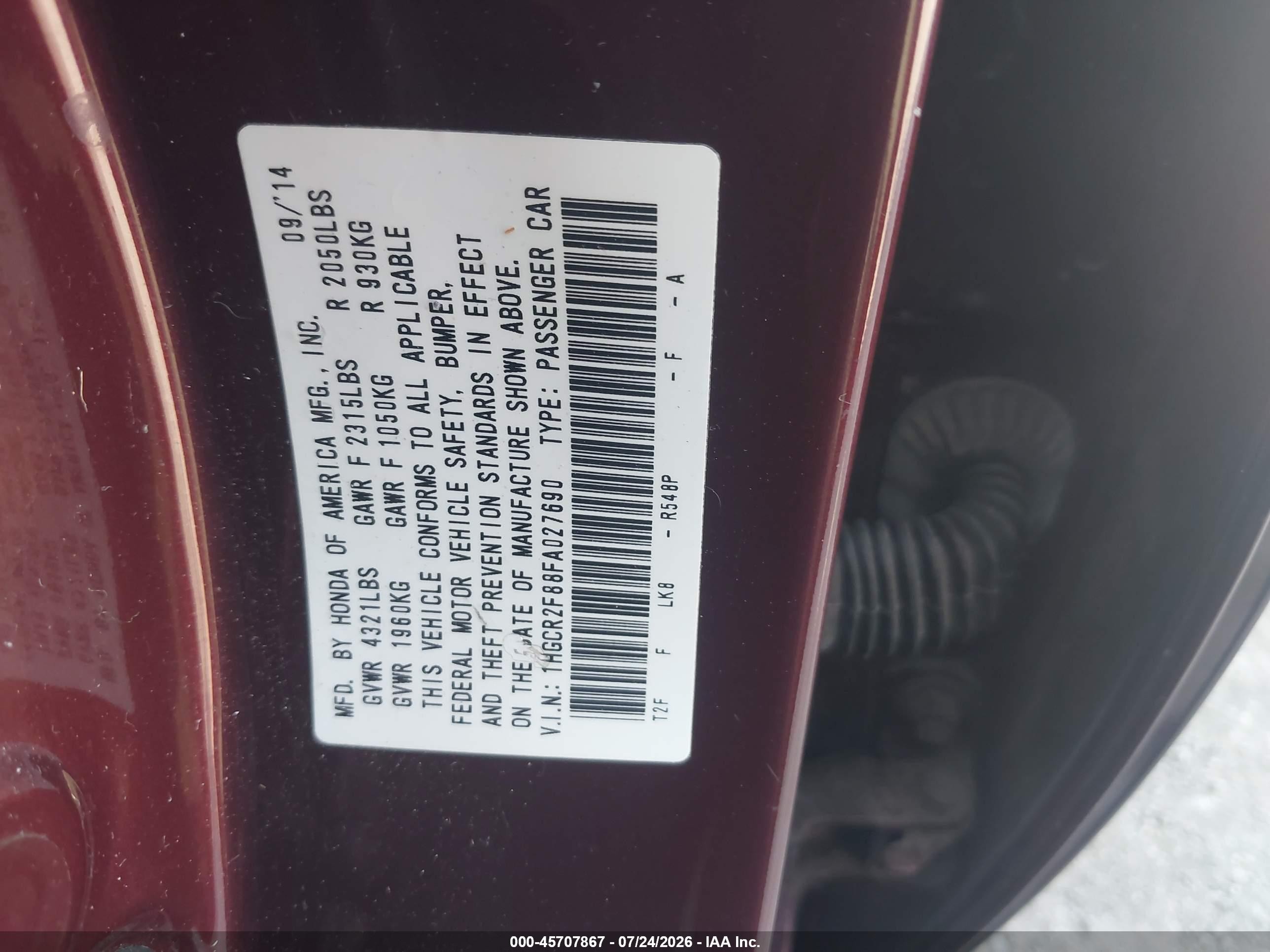 2015 Honda Accord Ex-l Maroon vin: 1HGCR2F88FA027690