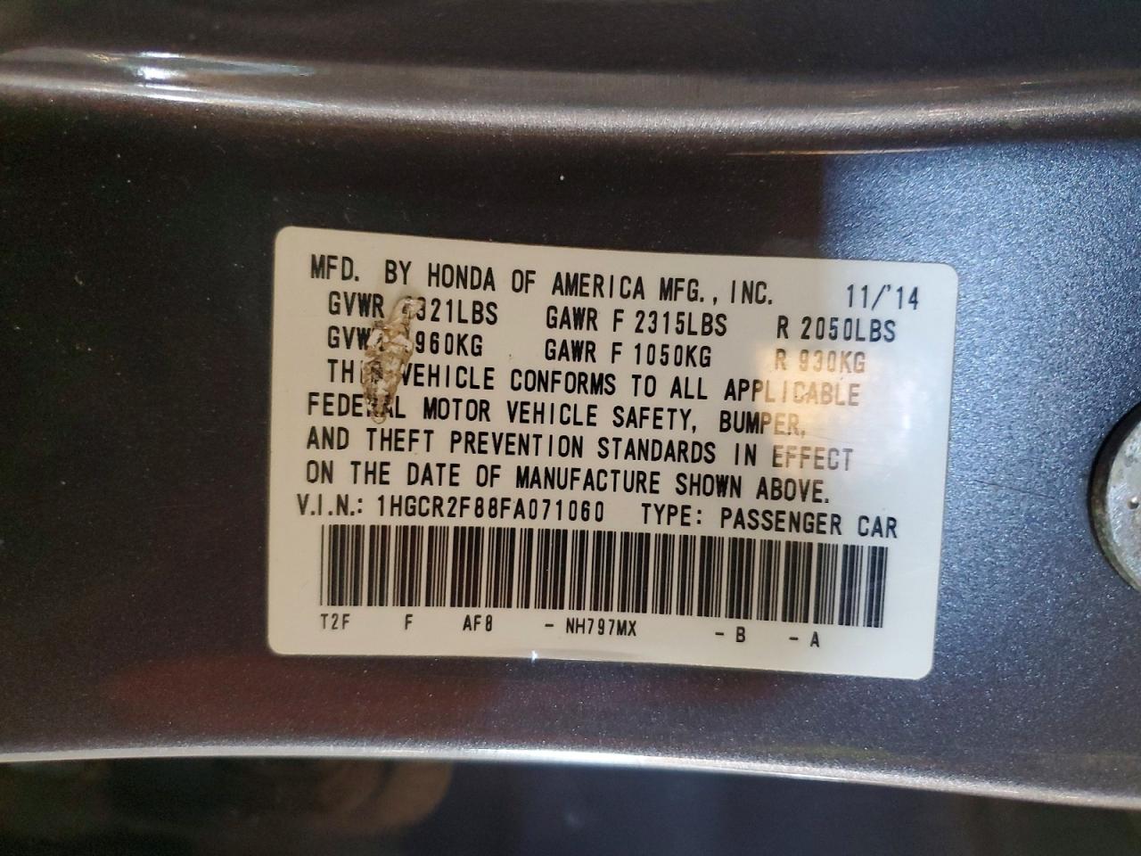 2015 Honda Accord Exl Серый vin: 1HGCR2F88FA071060