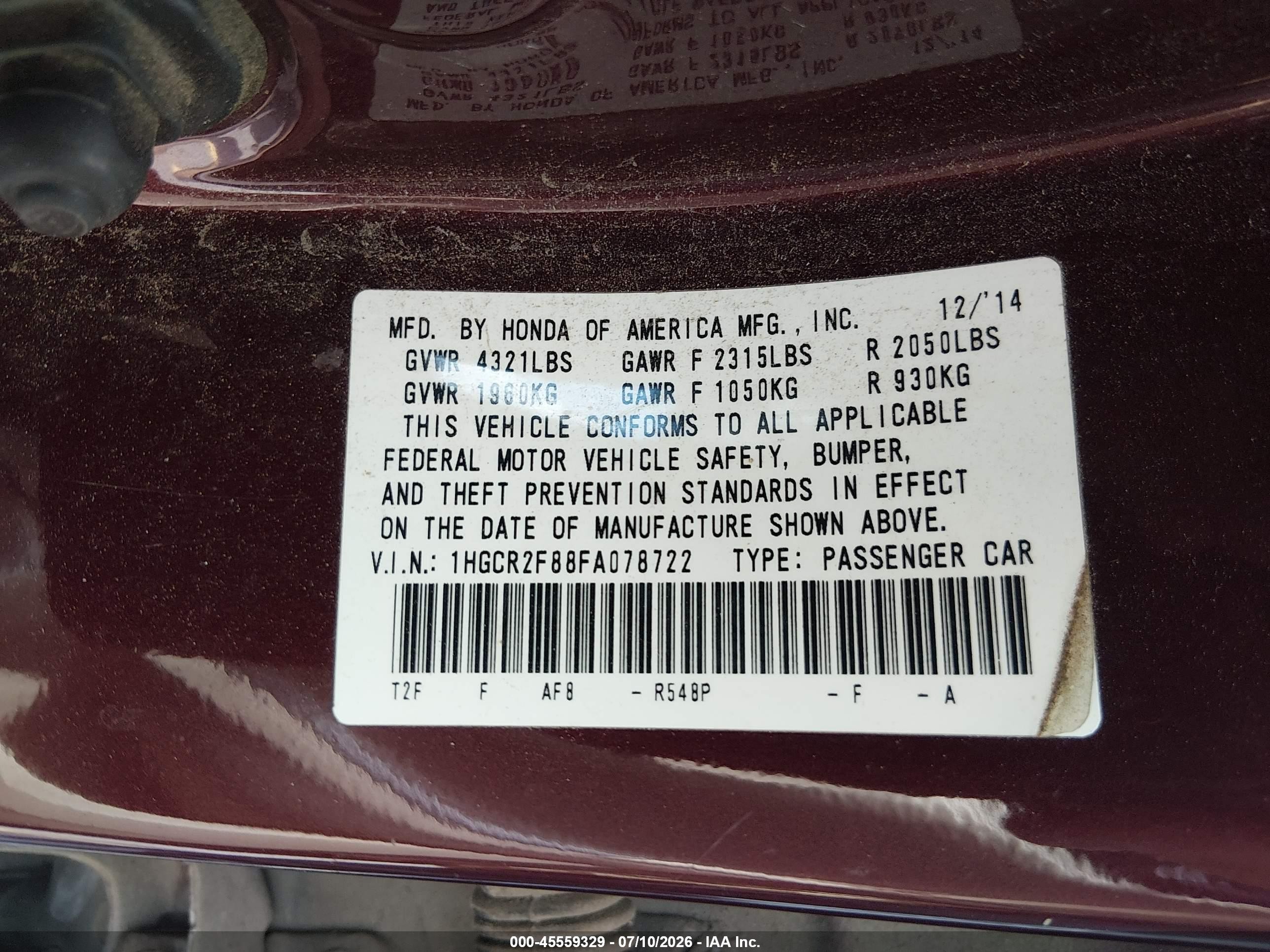 2015 Honda Accord Ex-l Темно-бордовый vin: 1HGCR2F88FA078722