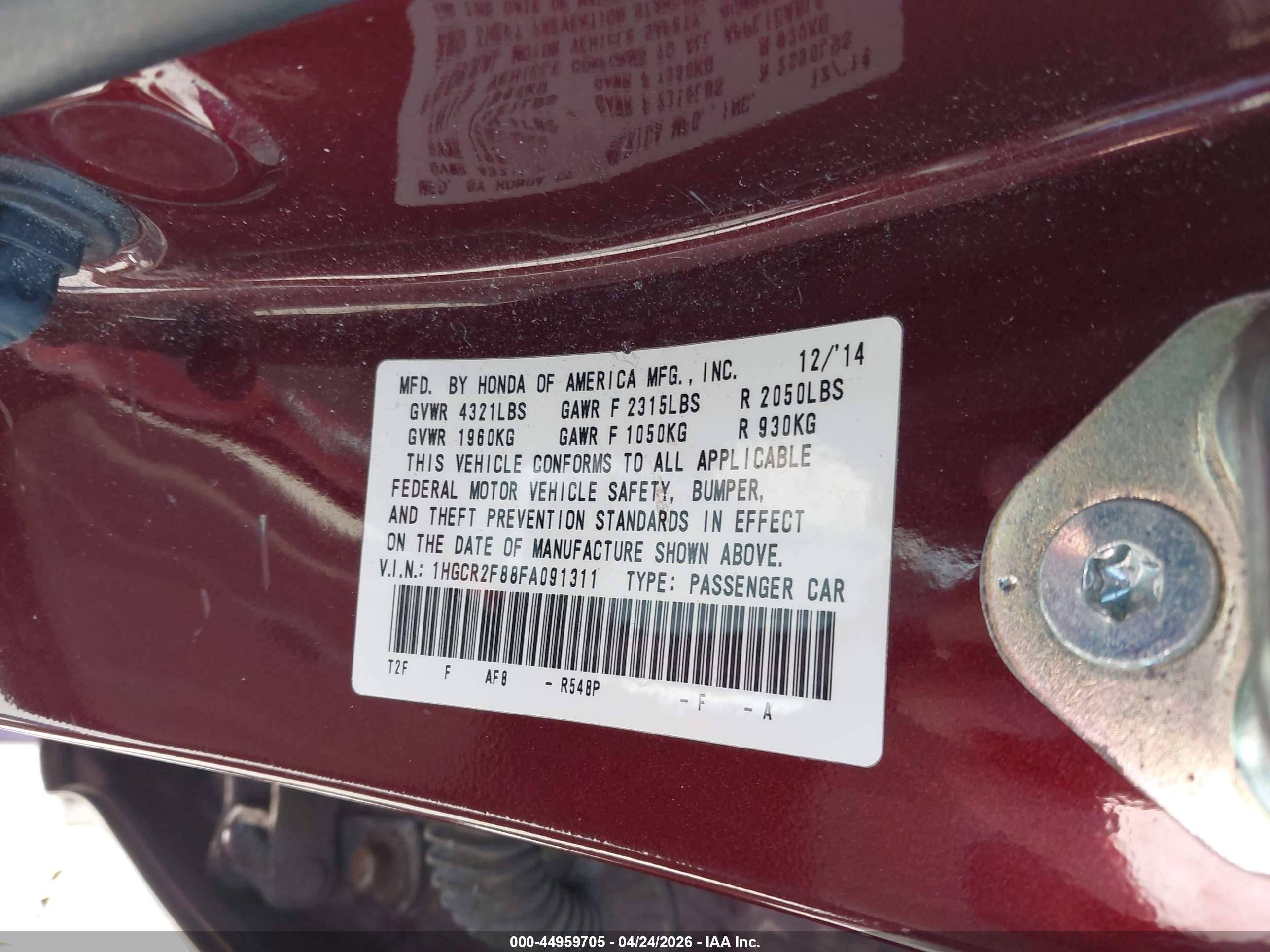 2015 Honda Accord Ex-l Maroon vin: 1HGCR2F88FA091311