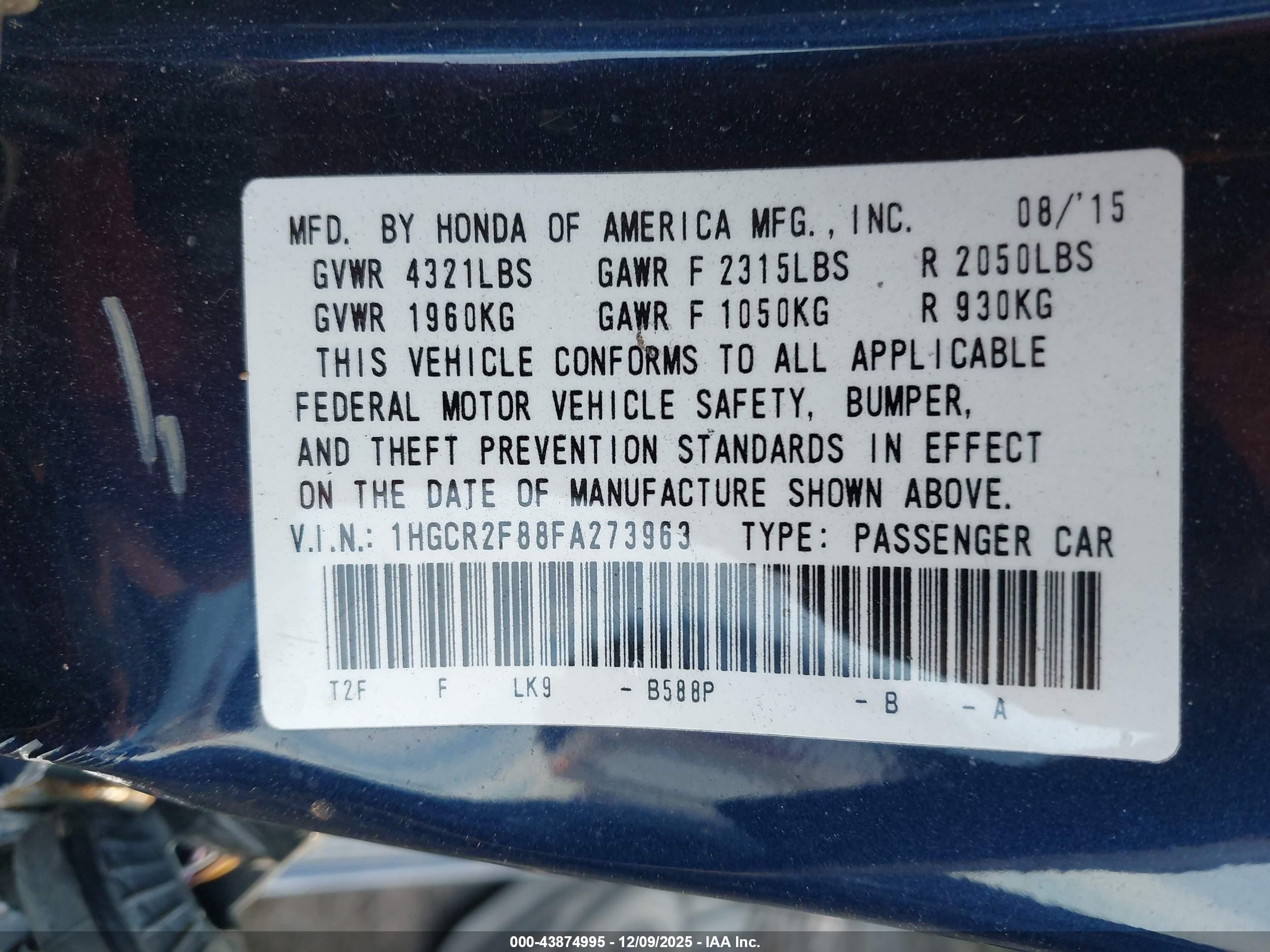 2015 Honda Accord Ex-l Blue vin: 1HGCR2F88FA273963