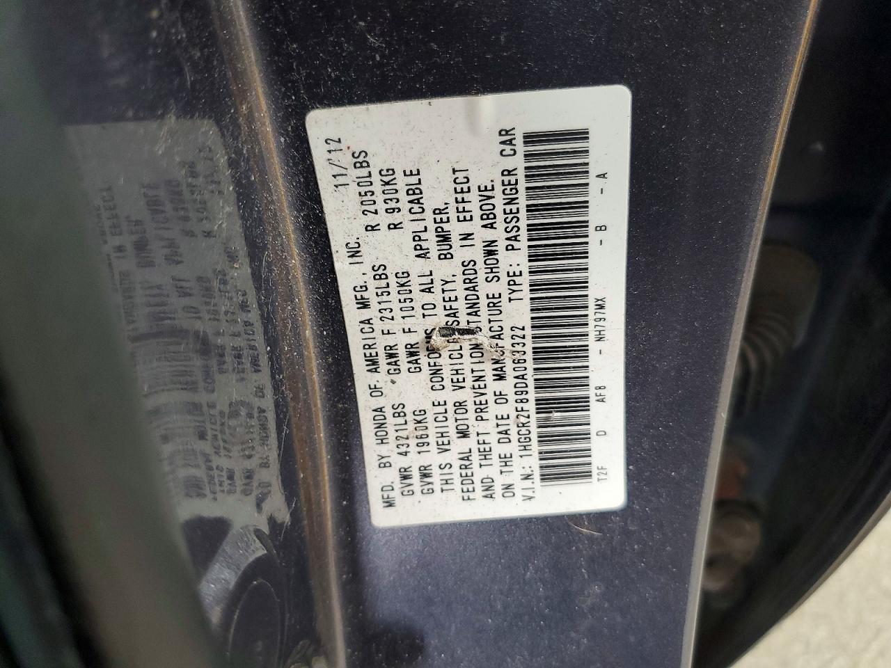 2013 Honda Accord Exl Серый vin: 1HGCR2F89DA063322