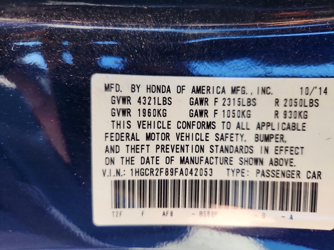 2015 Honda Accord Exl Blue vin: 1HGCR2F89FA042053