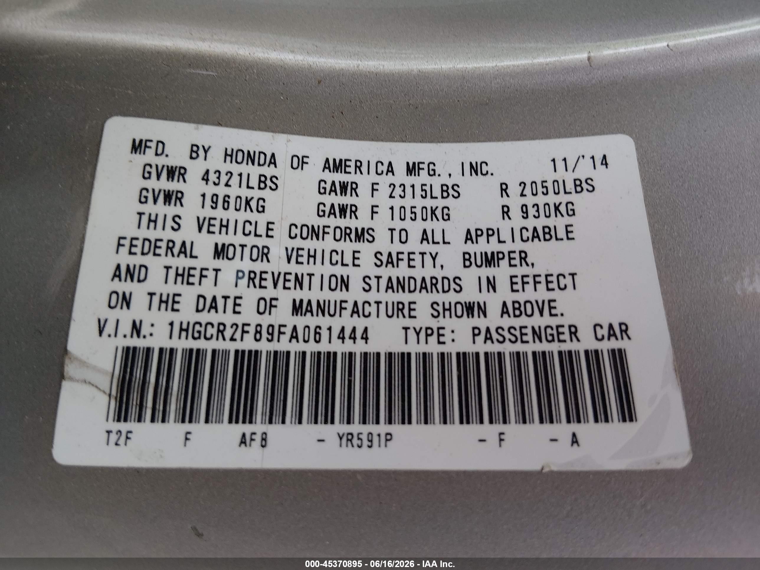 2015 Honda Accord Ex-l Tan vin: 1HGCR2F89FA061444