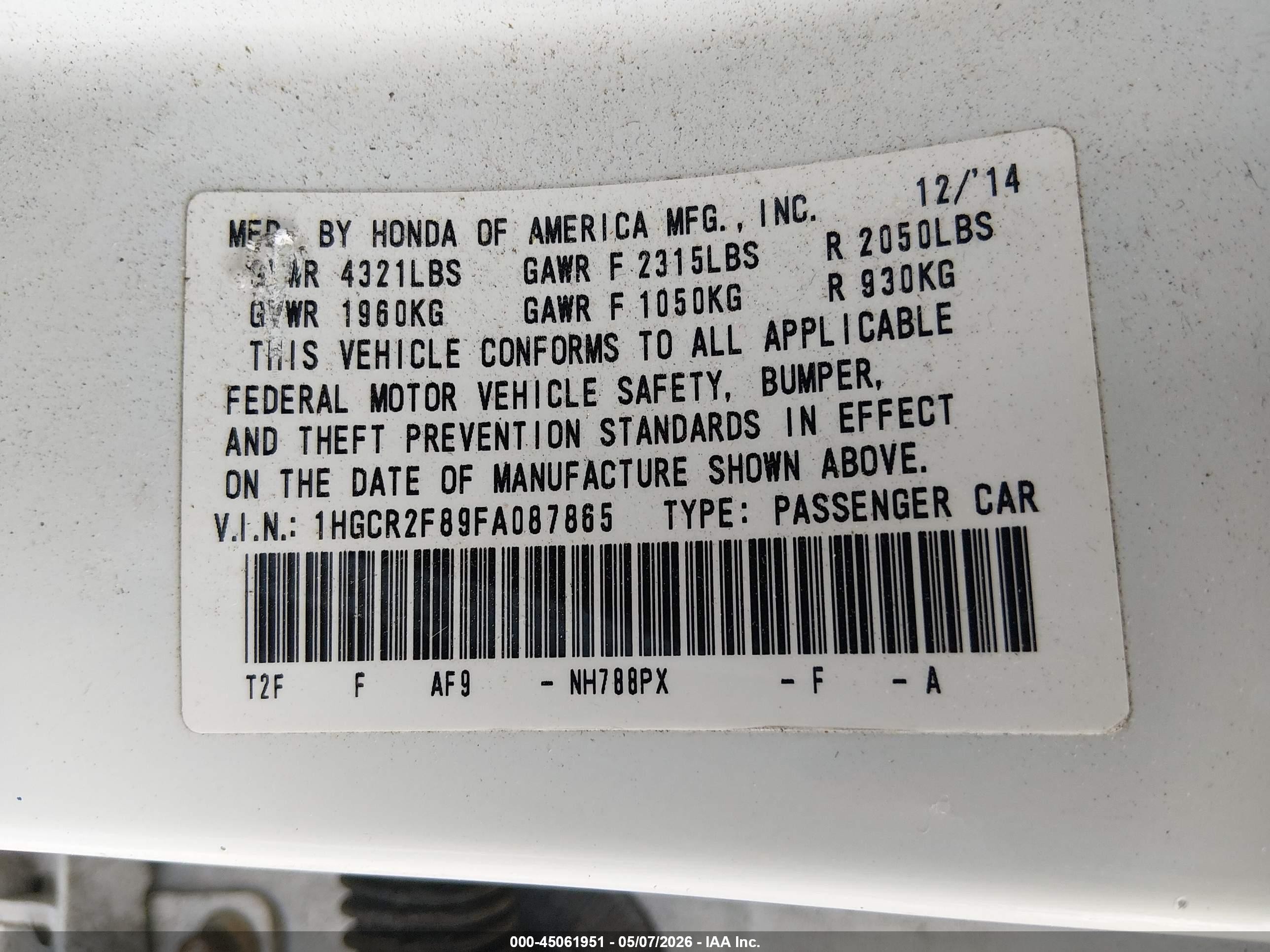 2015 Honda Accord Ex-l White vin: 1HGCR2F89FA087865