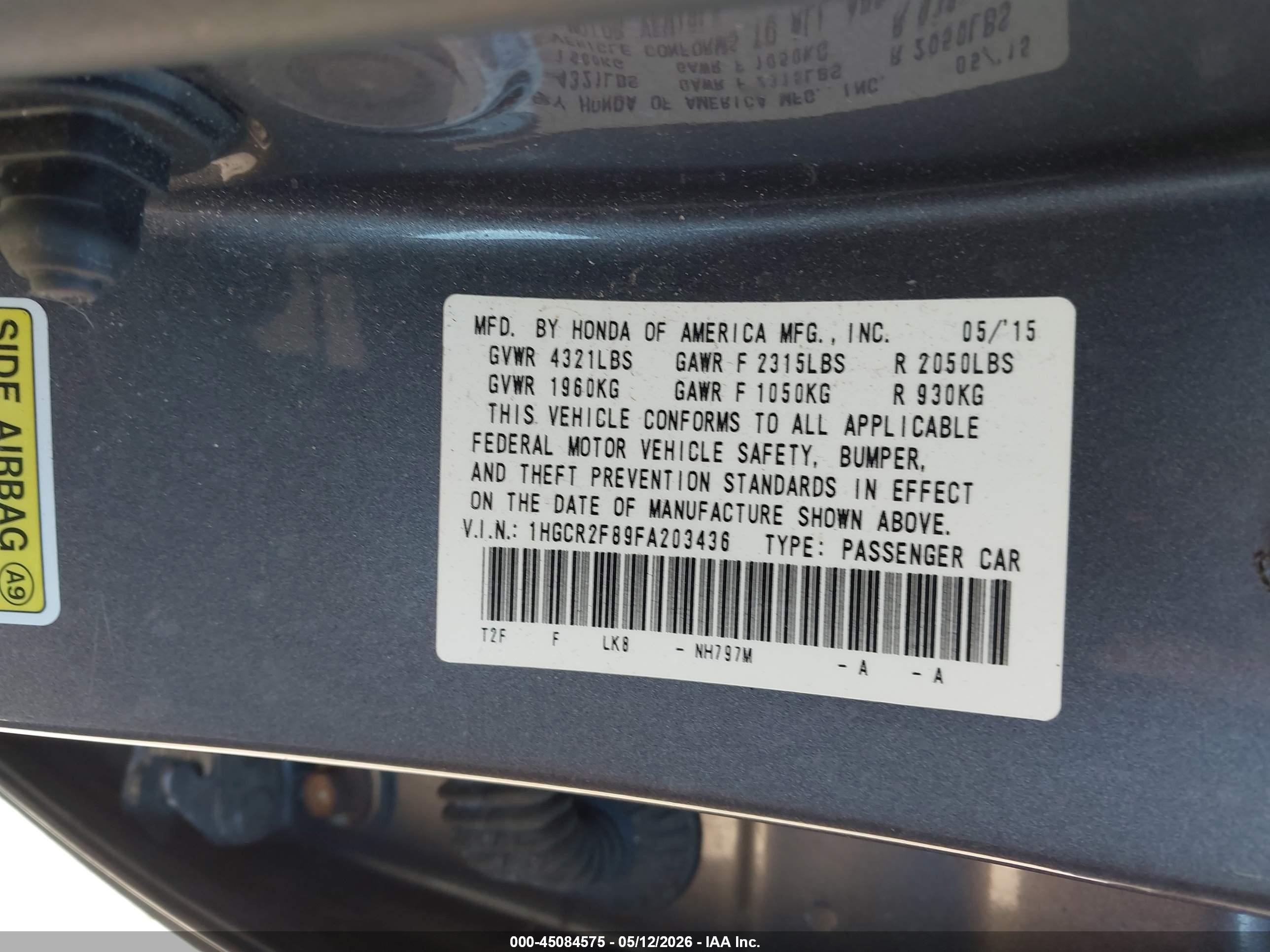 2015 Honda Accord Ex-l Серый vin: 1HGCR2F89FA203436