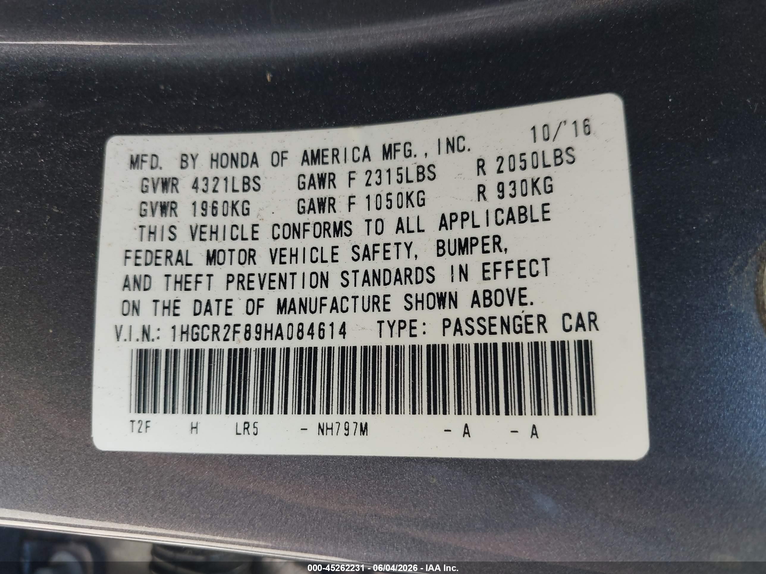 2017 Honda Accord Ex-l Gray vin: 1HGCR2F89HA084614
