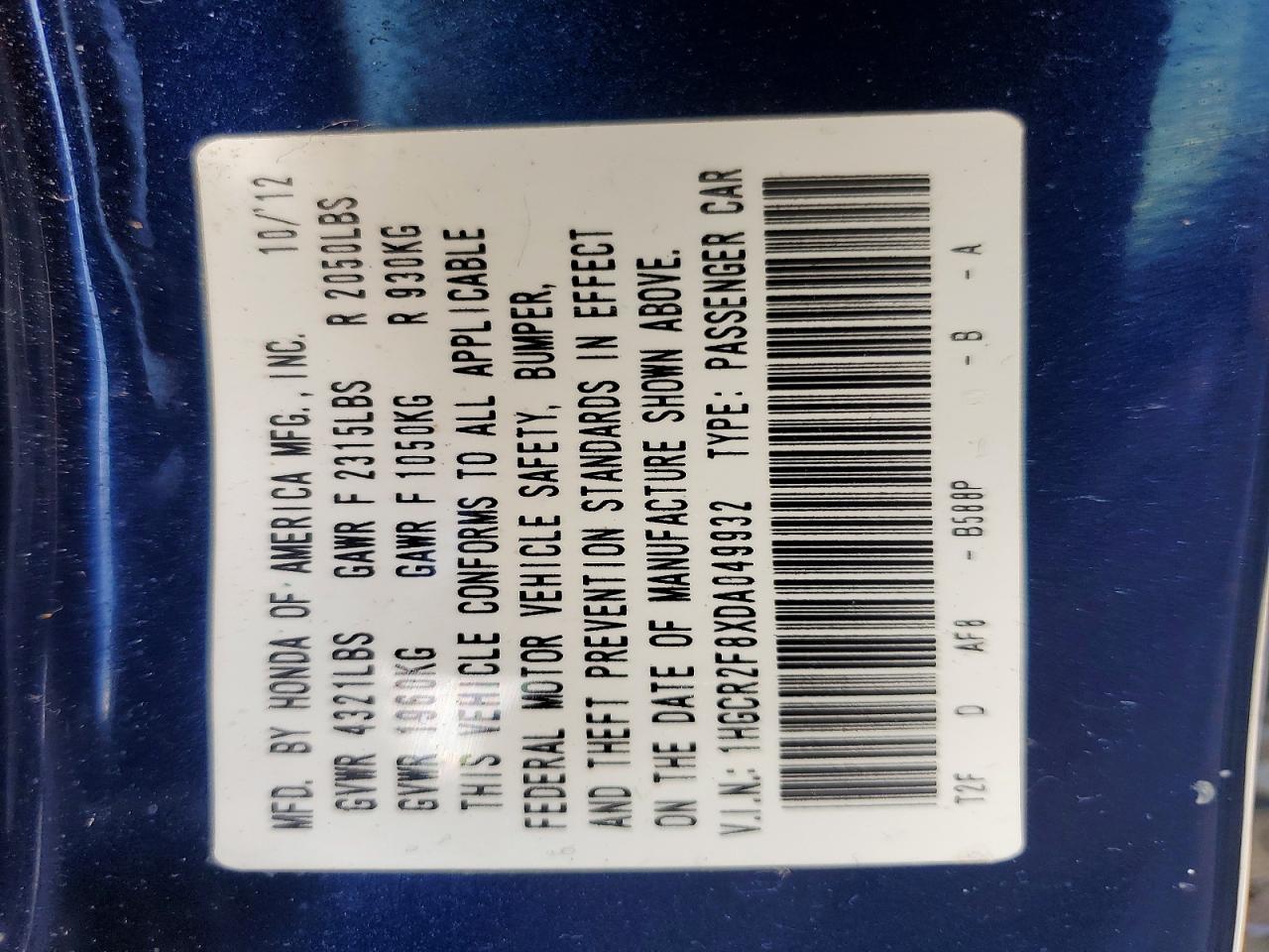 2013 Honda Accord Exl Blue vin: 1HGCR2F8XDA049932