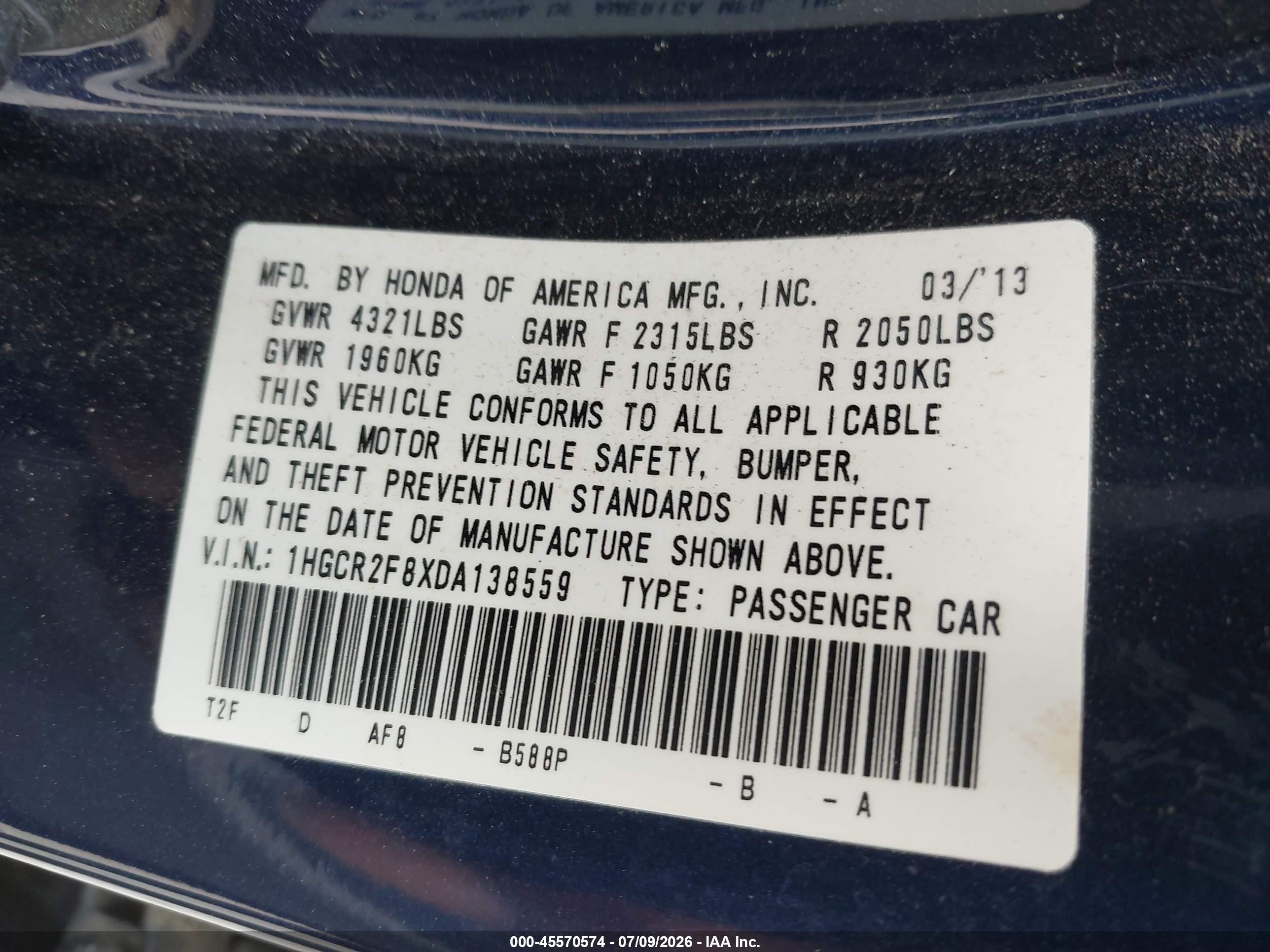 2013 Honda Accord Ex-l Blue vin: 1HGCR2F8XDA138559