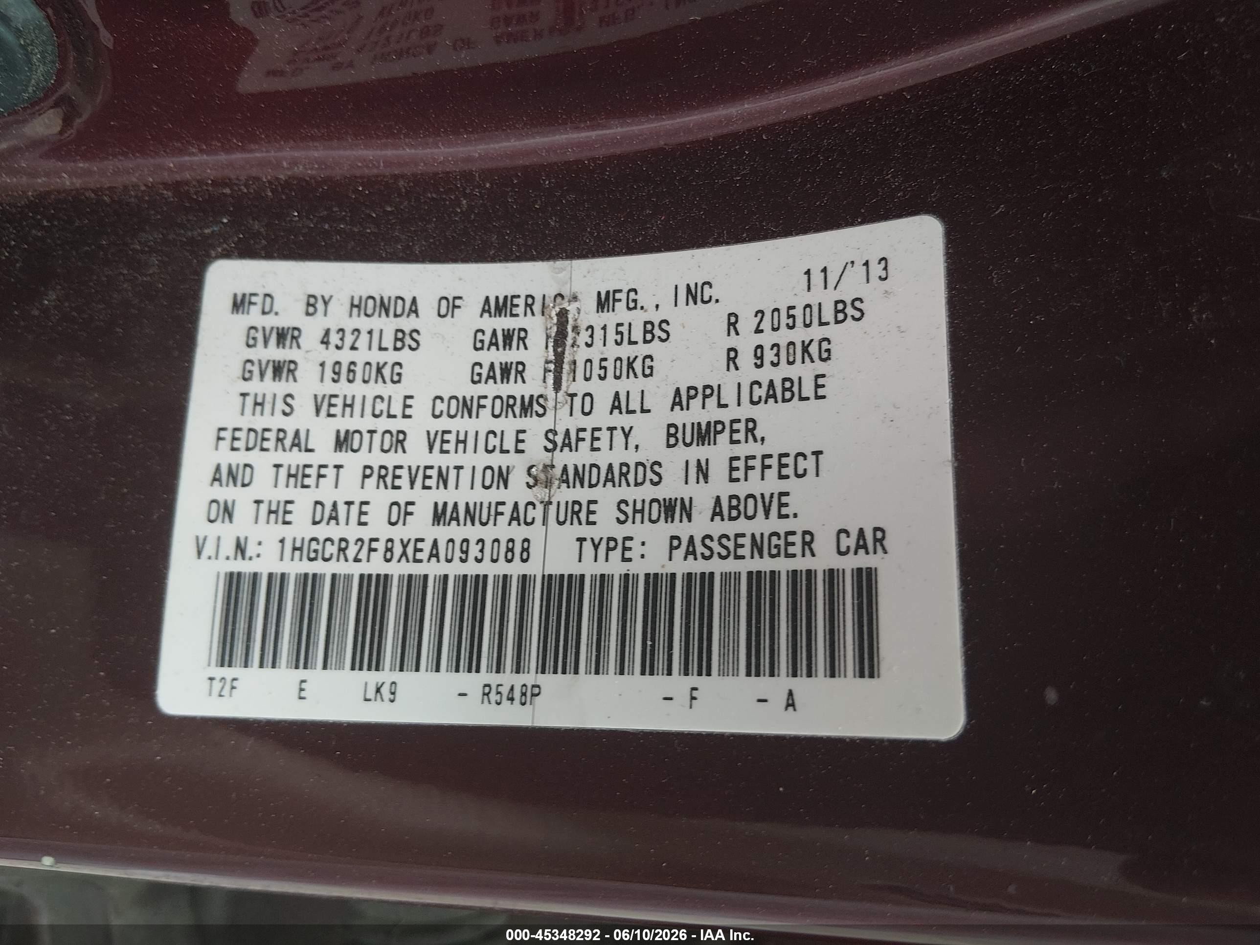 2014 Honda Accord Ex-l Burgundy vin: 1HGCR2F8XEA093088