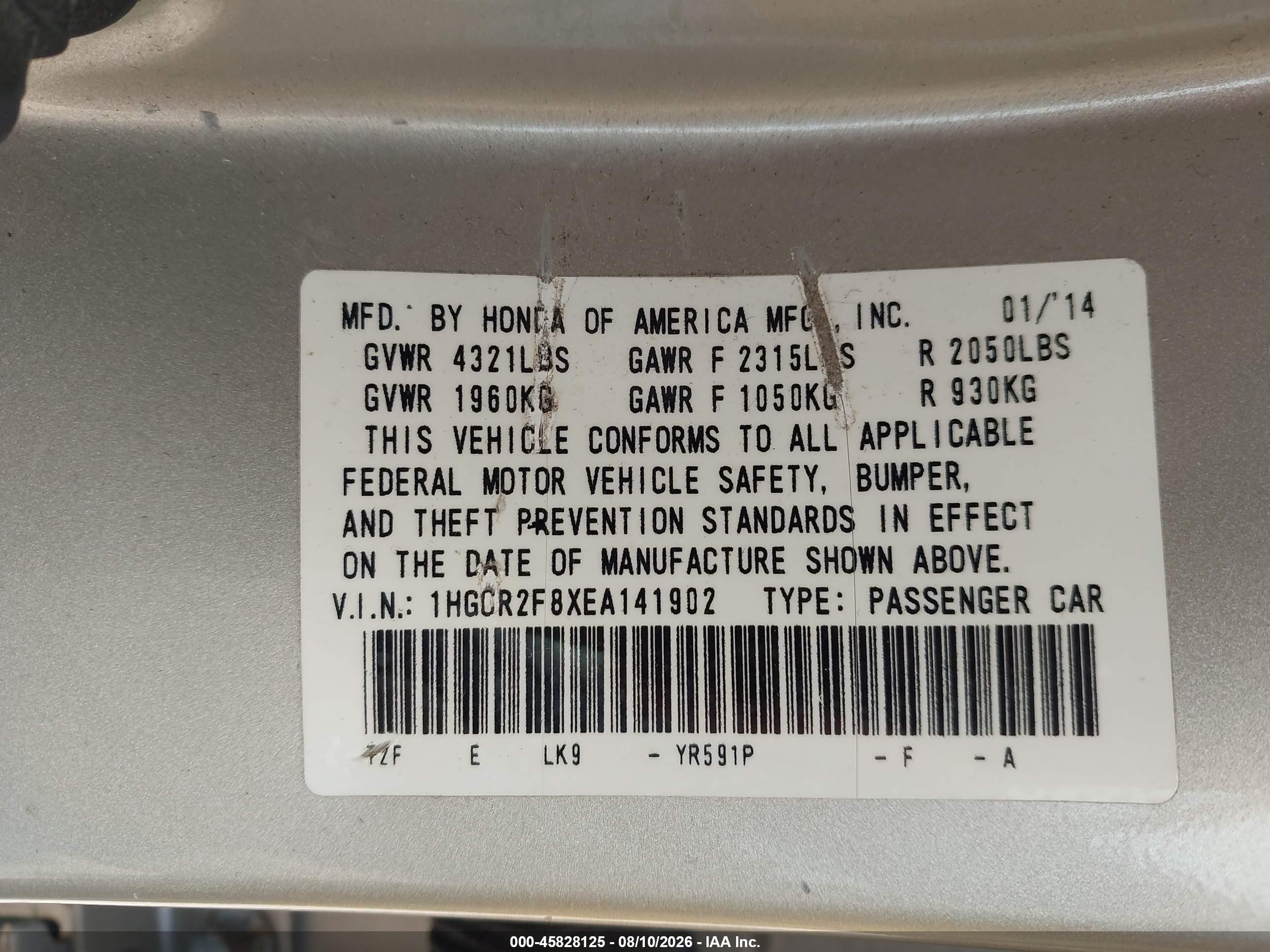 2014 Honda Accord Ex-l Champagne vin: 1HGCR2F8XEA141902