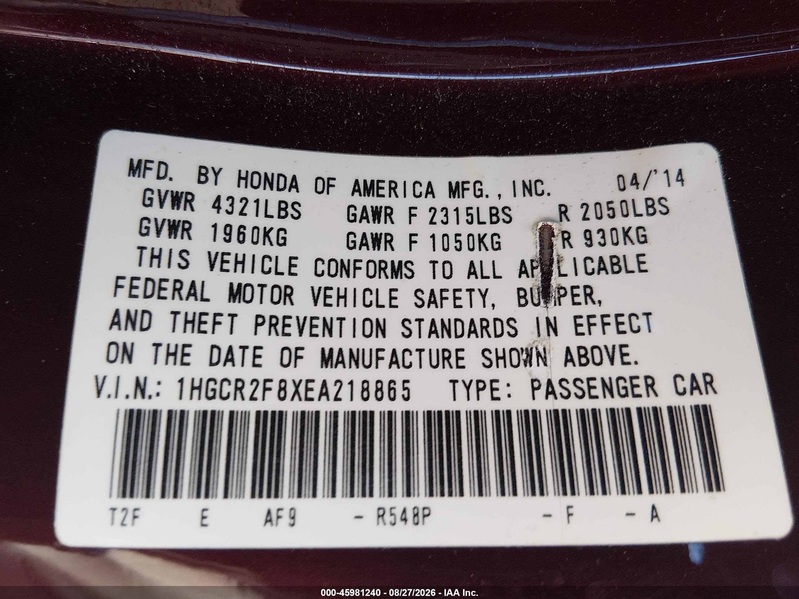 2014 Honda Accord Ex-l Темно-бордовый vin: 1HGCR2F8XEA218865