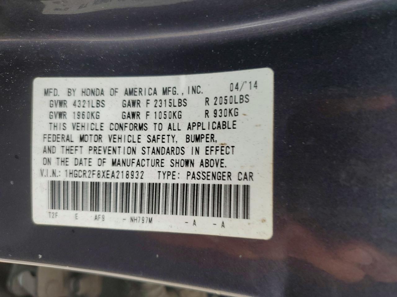 2014 Honda Accord Blue vin: 1HGCR2F8XEA218932