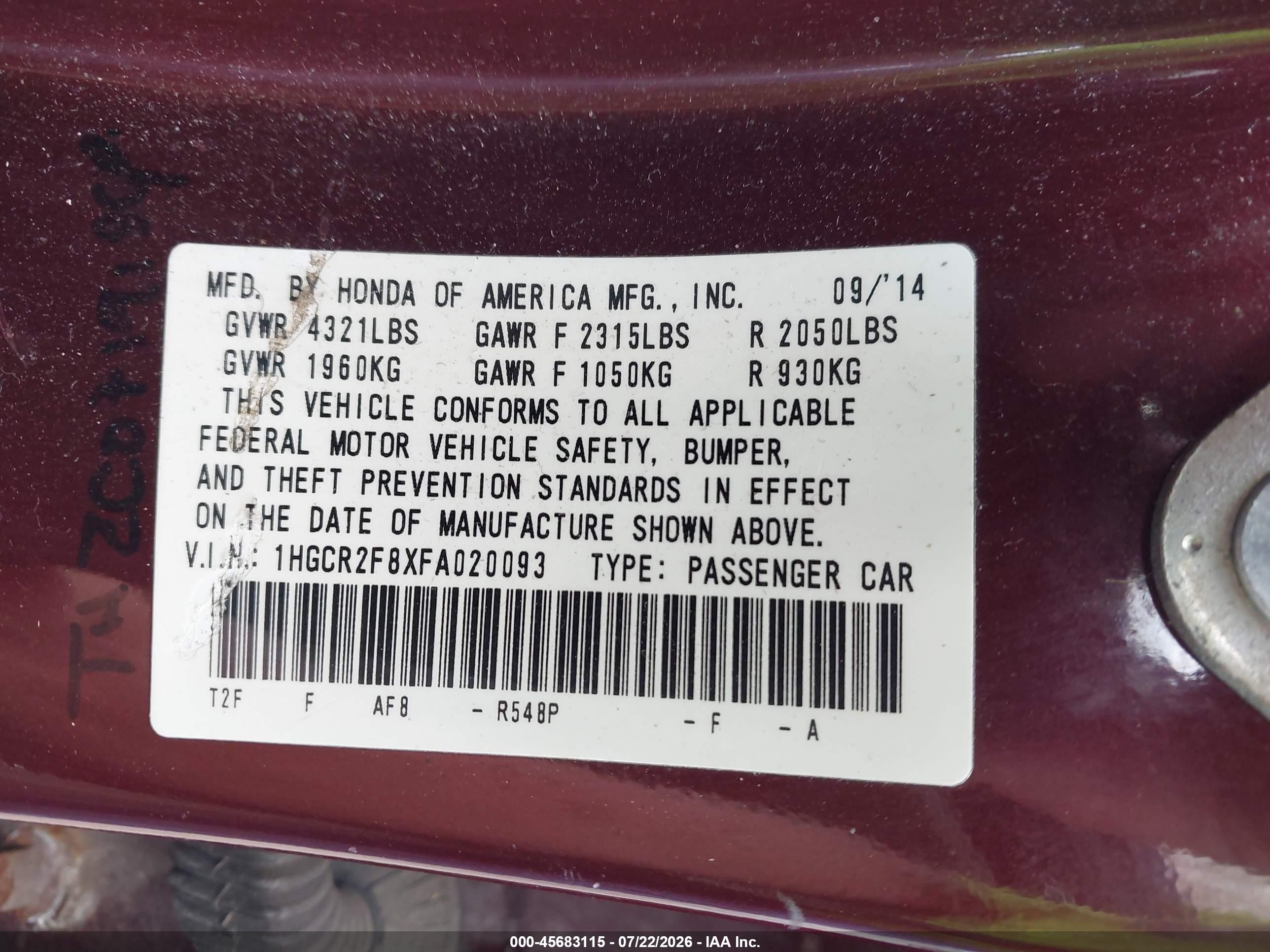 2015 Honda Accord Ex-l Maroon vin: 1HGCR2F8XFA020093