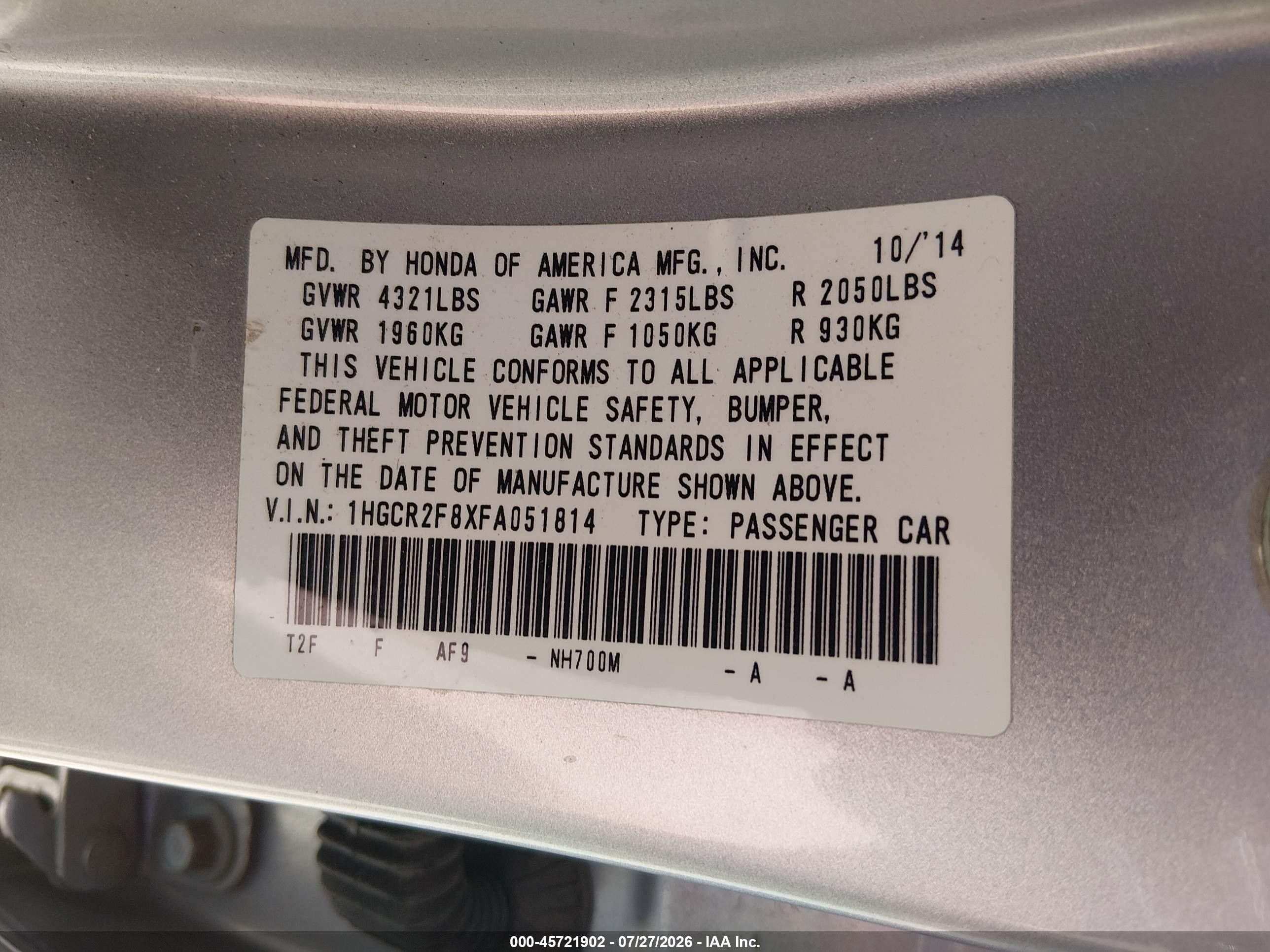 2015 Honda Accord Ex-l Silver vin: 1HGCR2F8XFA051814