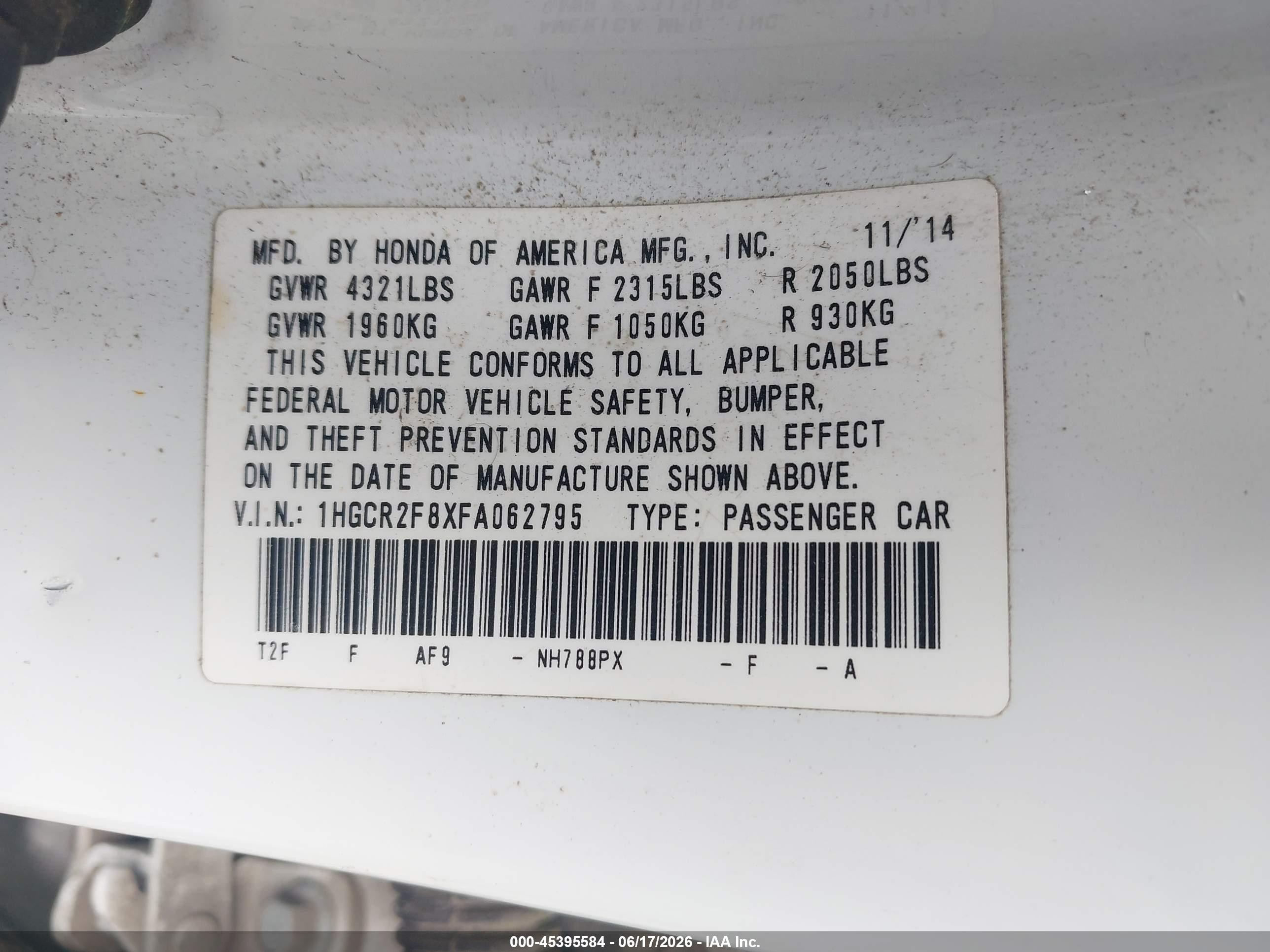 2015 Honda Accord Ex-l Белый vin: 1HGCR2F8XFA062795