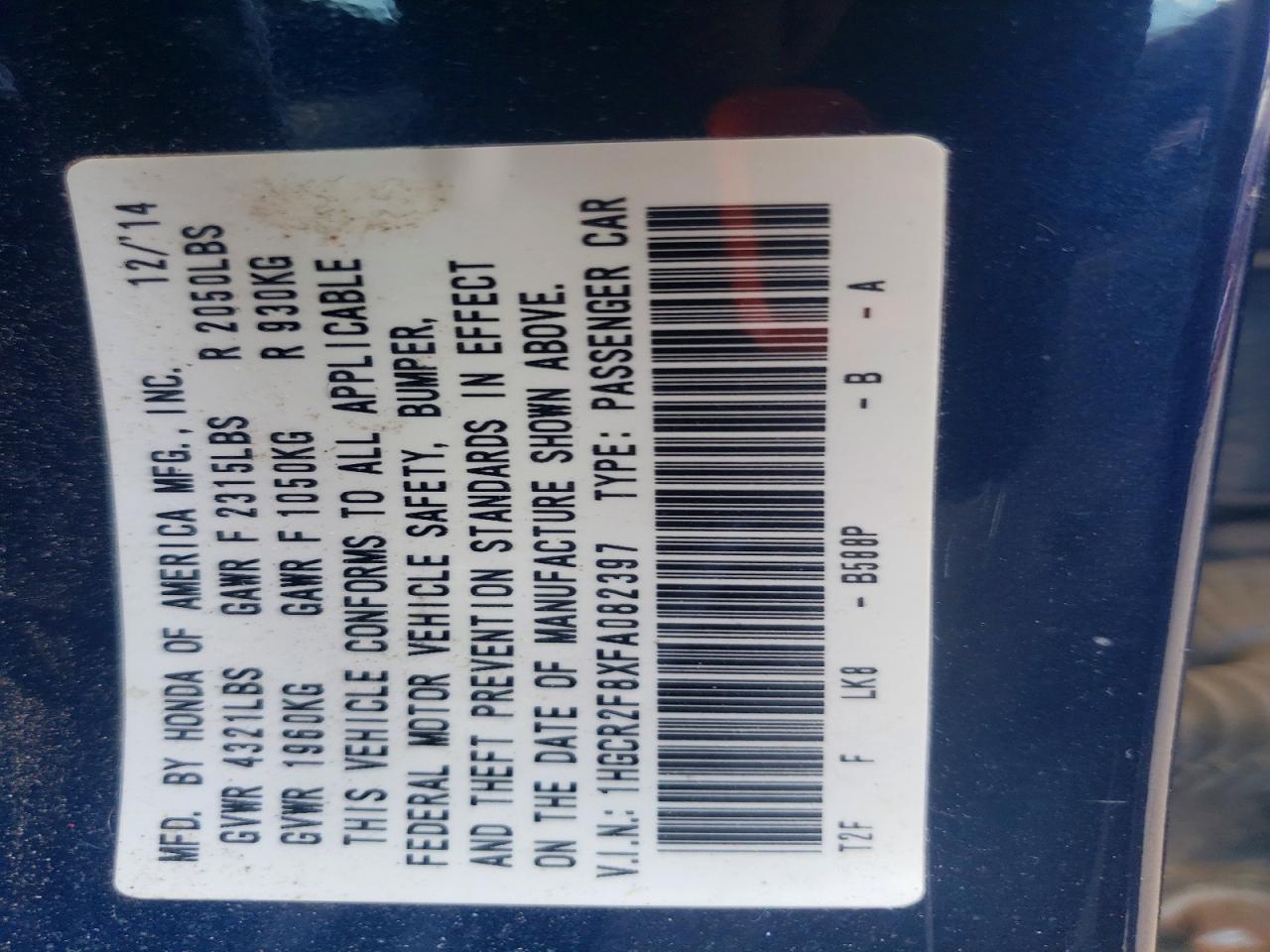 2015 Honda Accord Exl Blue vin: 1HGCR2F8XFA082397