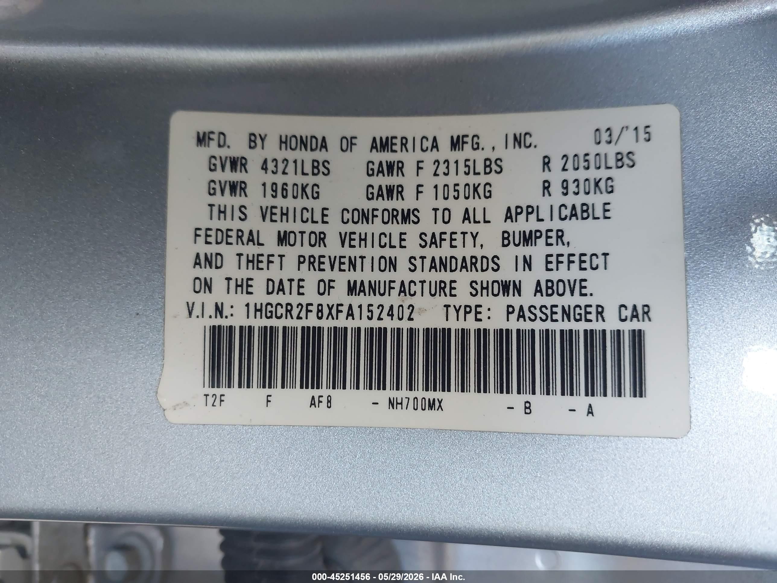 2015 Honda Accord Ex-l Silver vin: 1HGCR2F8XFA152402
