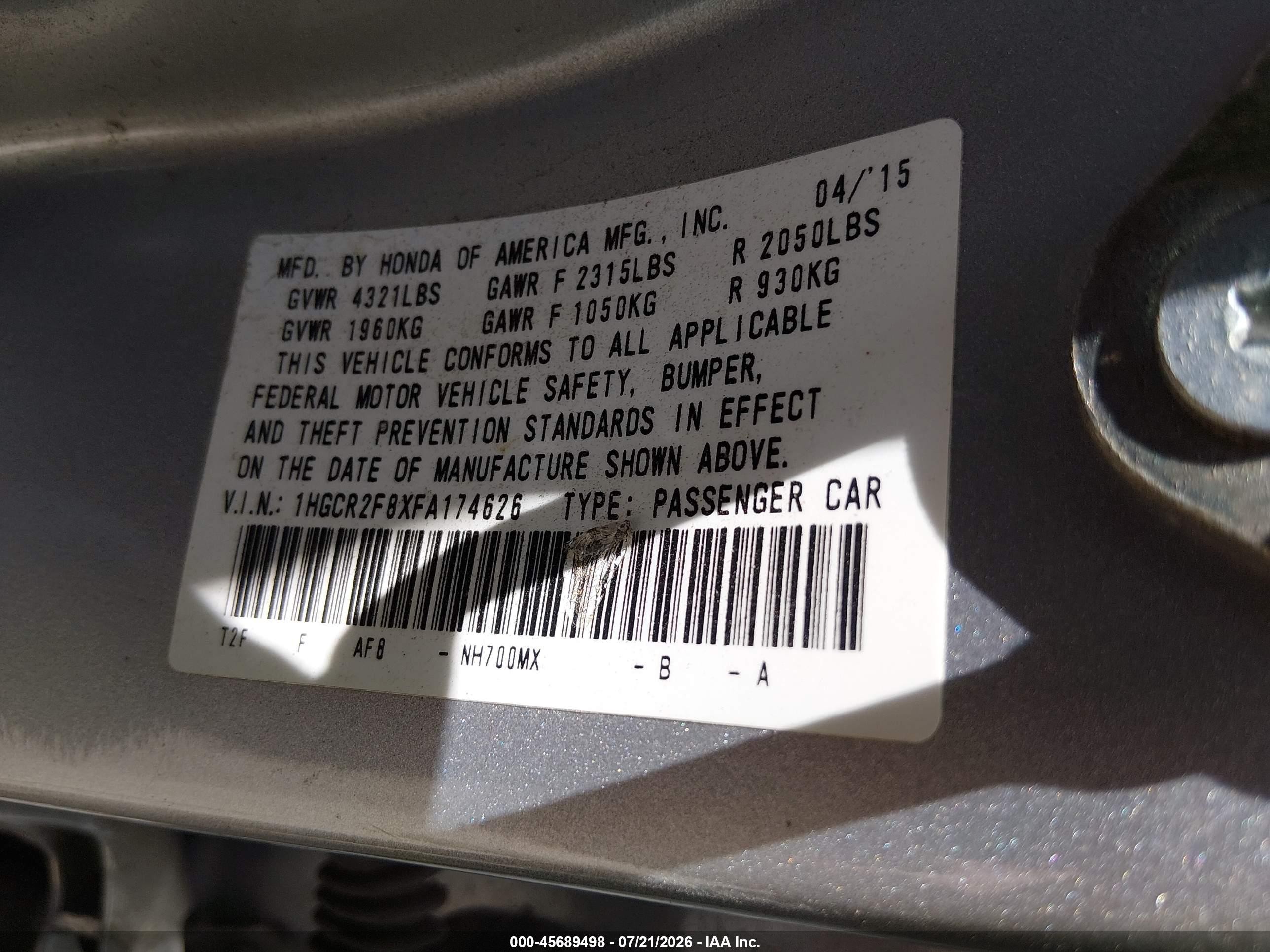 2015 Honda Accord Ex-l Gray vin: 1HGCR2F8XFA174626