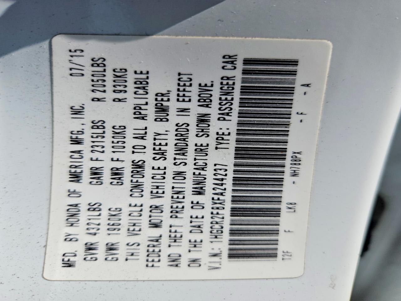 2015 Hond Accord White vin: 1HGCR2F8XFA244237