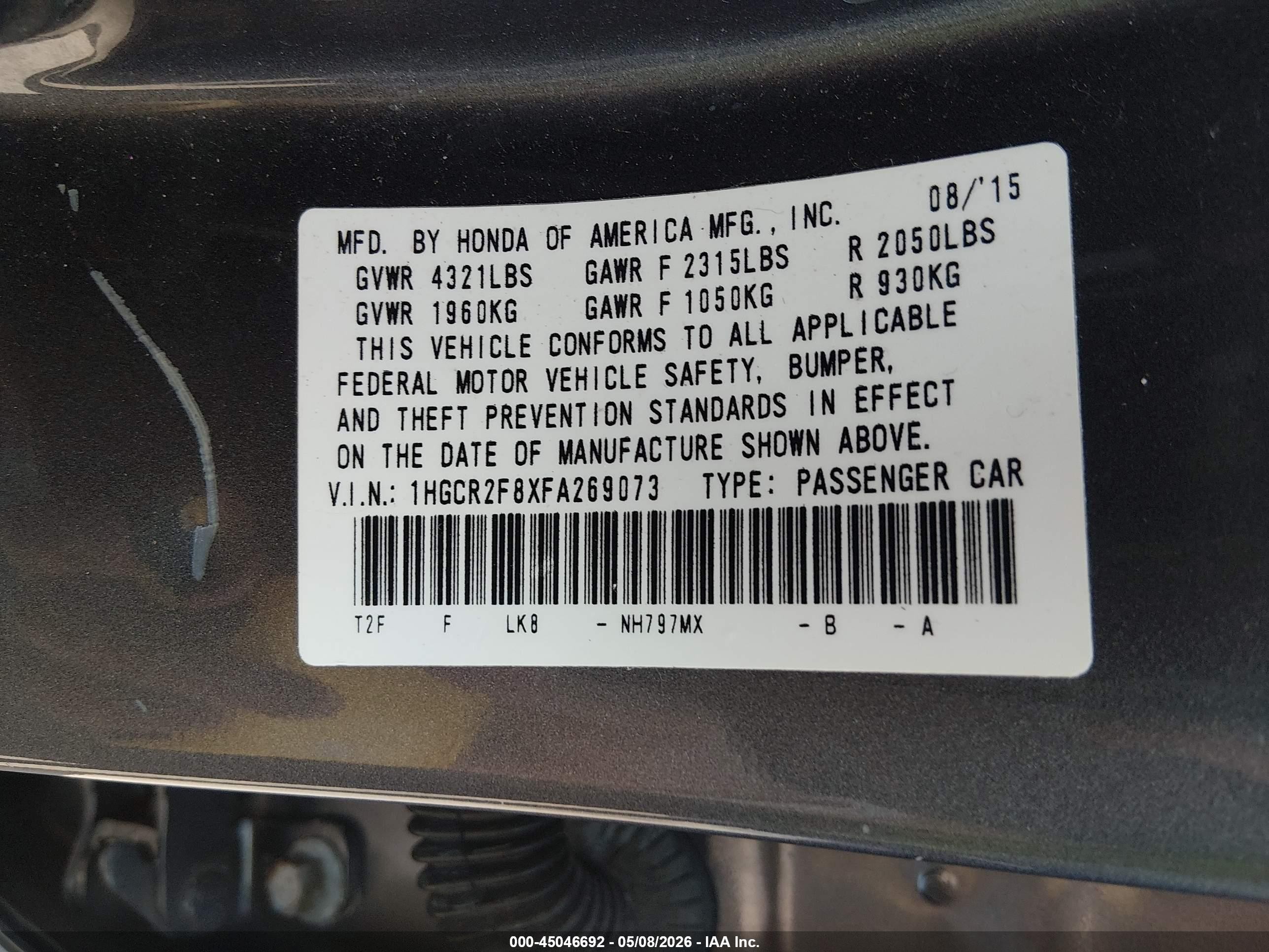 2015 Honda Accord Ex-l Gray vin: 1HGCR2F8XFA269073