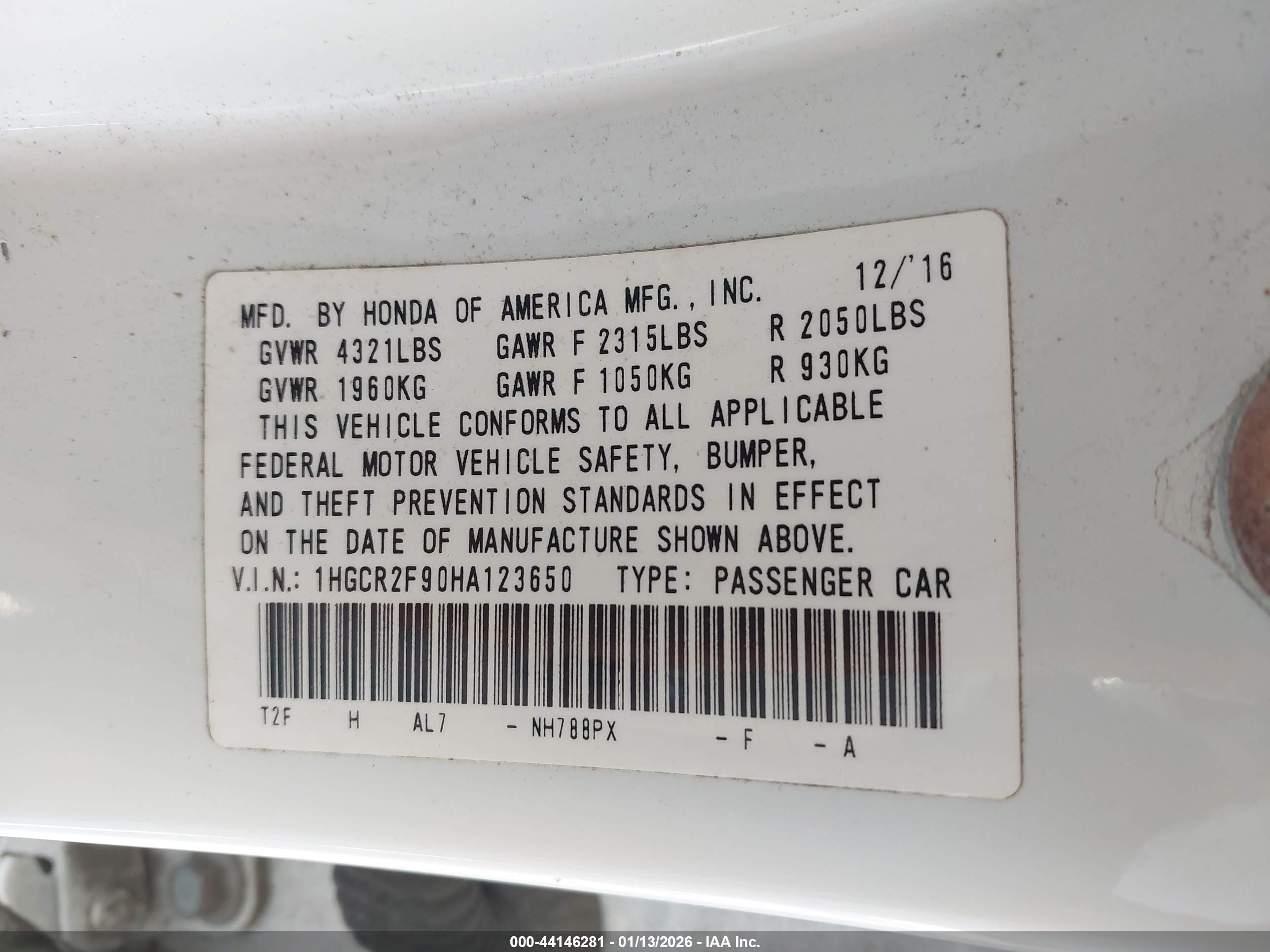 2017 Honda Accord Ex-l Белый vin: 1HGCR2F90HA123650