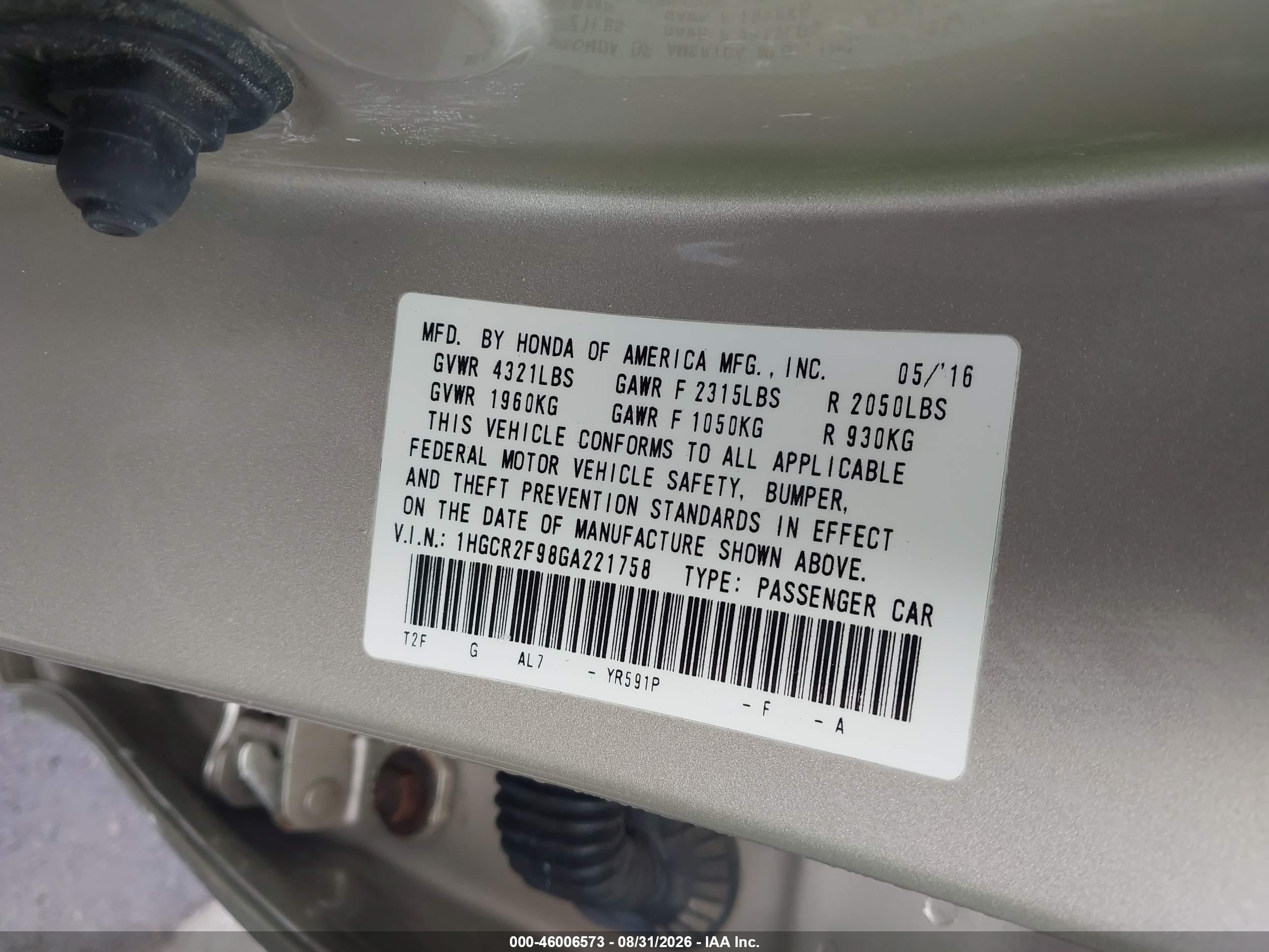 2016 Honda Accord Ex-l Gold vin: 1HGCR2F98GA221758