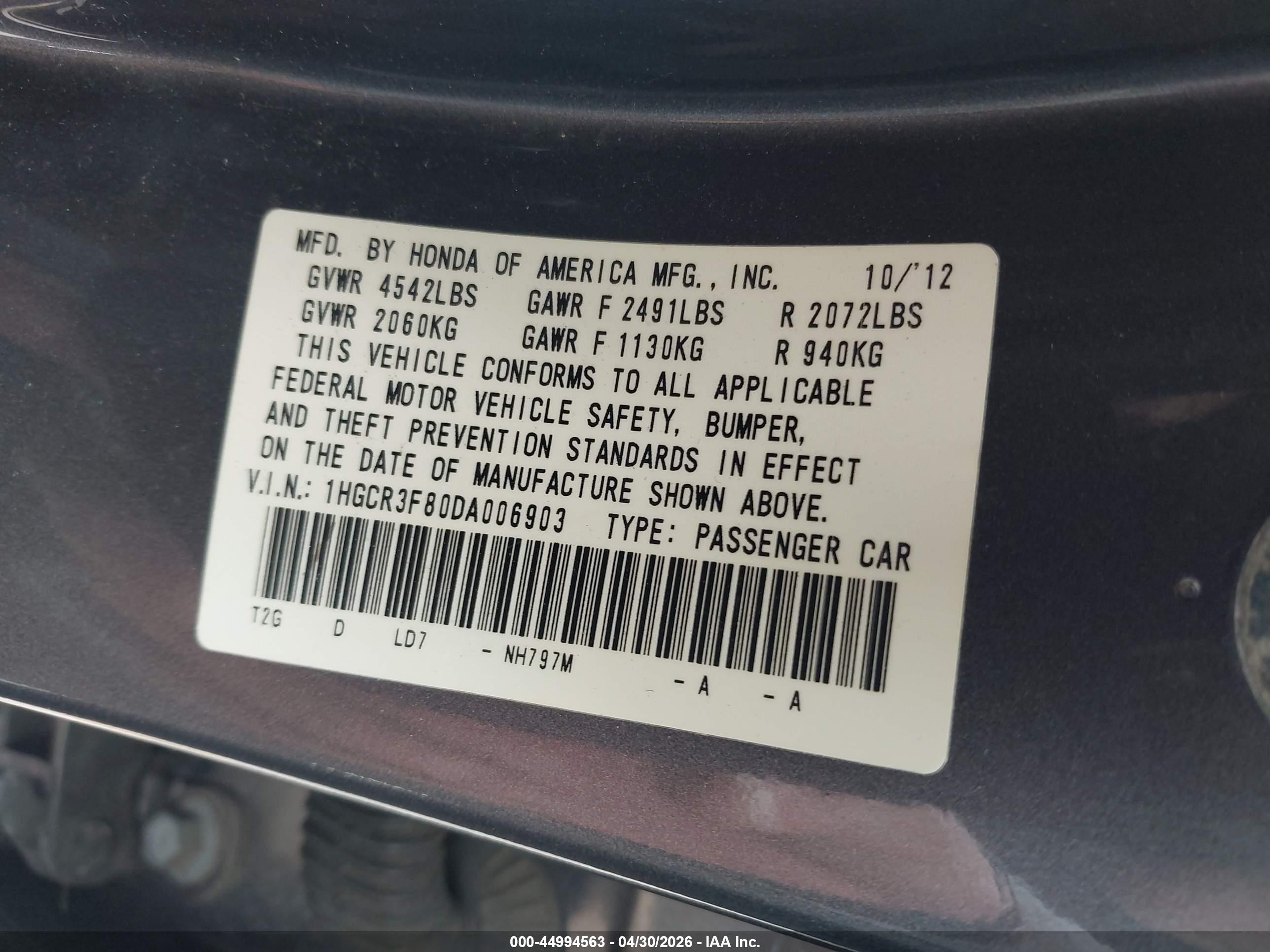 2013 Honda Accord Ex-l V-6 Gray vin: 1HGCR3F80DA006903