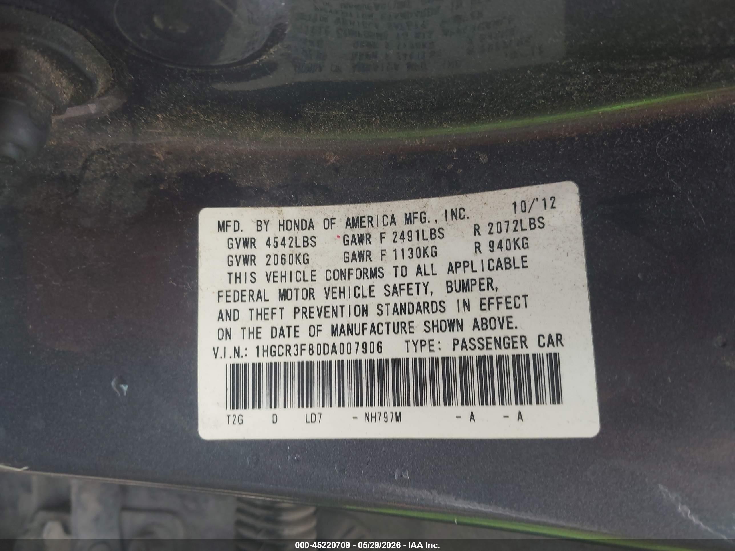2013 Honda Accord Ex-l V-6 Gray vin: 1HGCR3F80DA007906