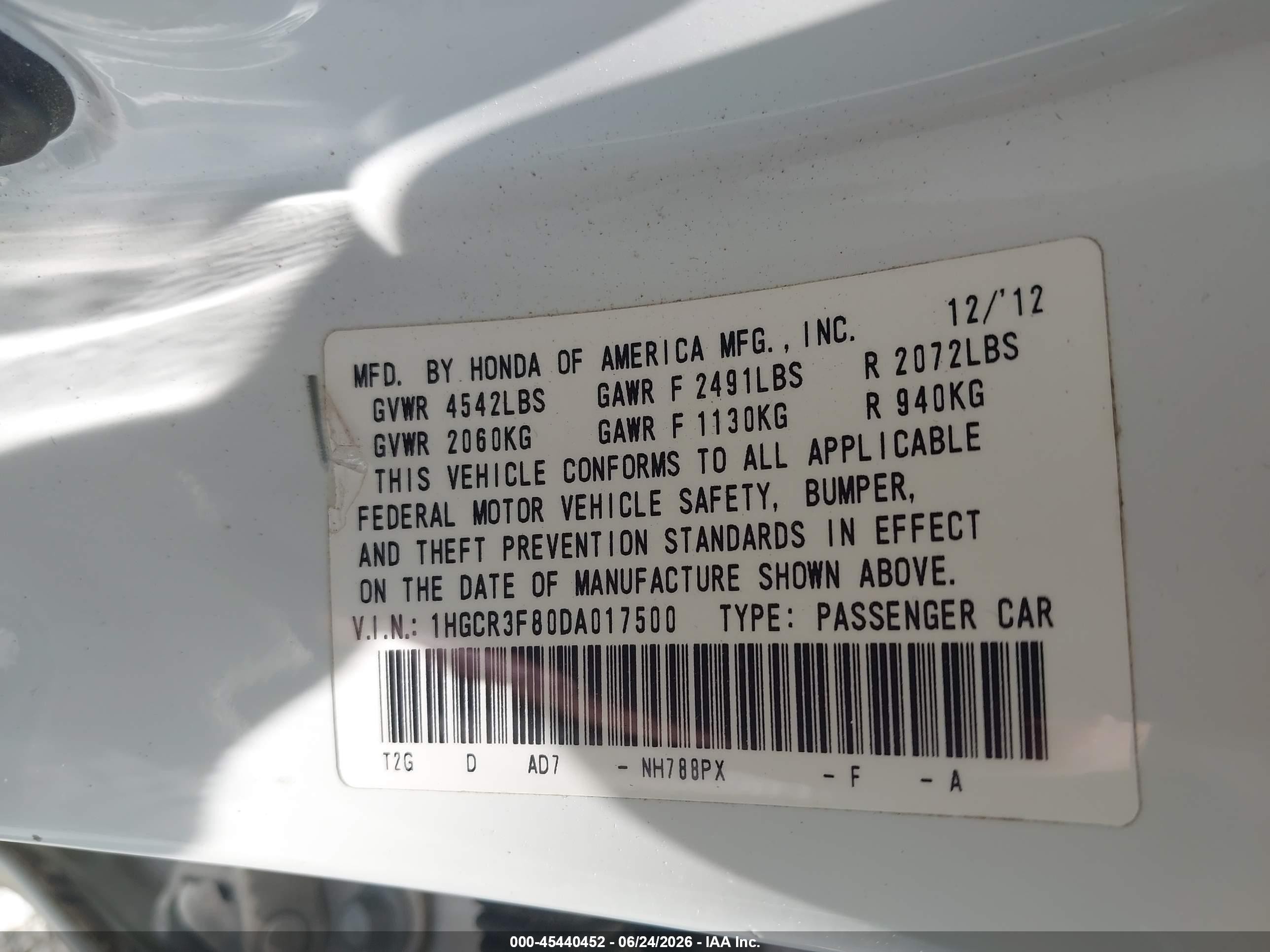 2013 Honda Accord Ex-l V-6 White vin: 1HGCR3F80DA017500