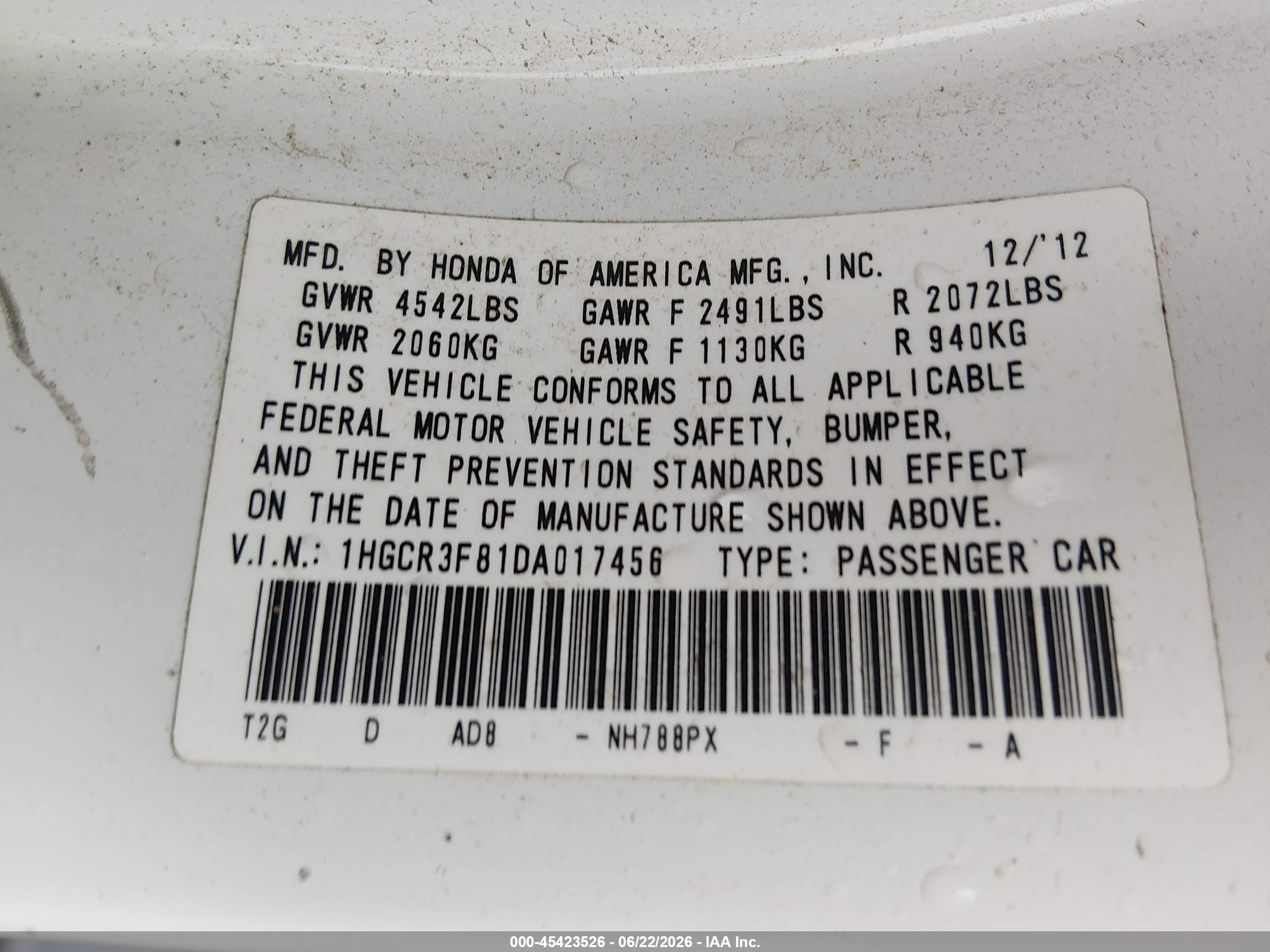 2013 Honda Accord Ex-l V-6 White vin: 1HGCR3F81DA017456