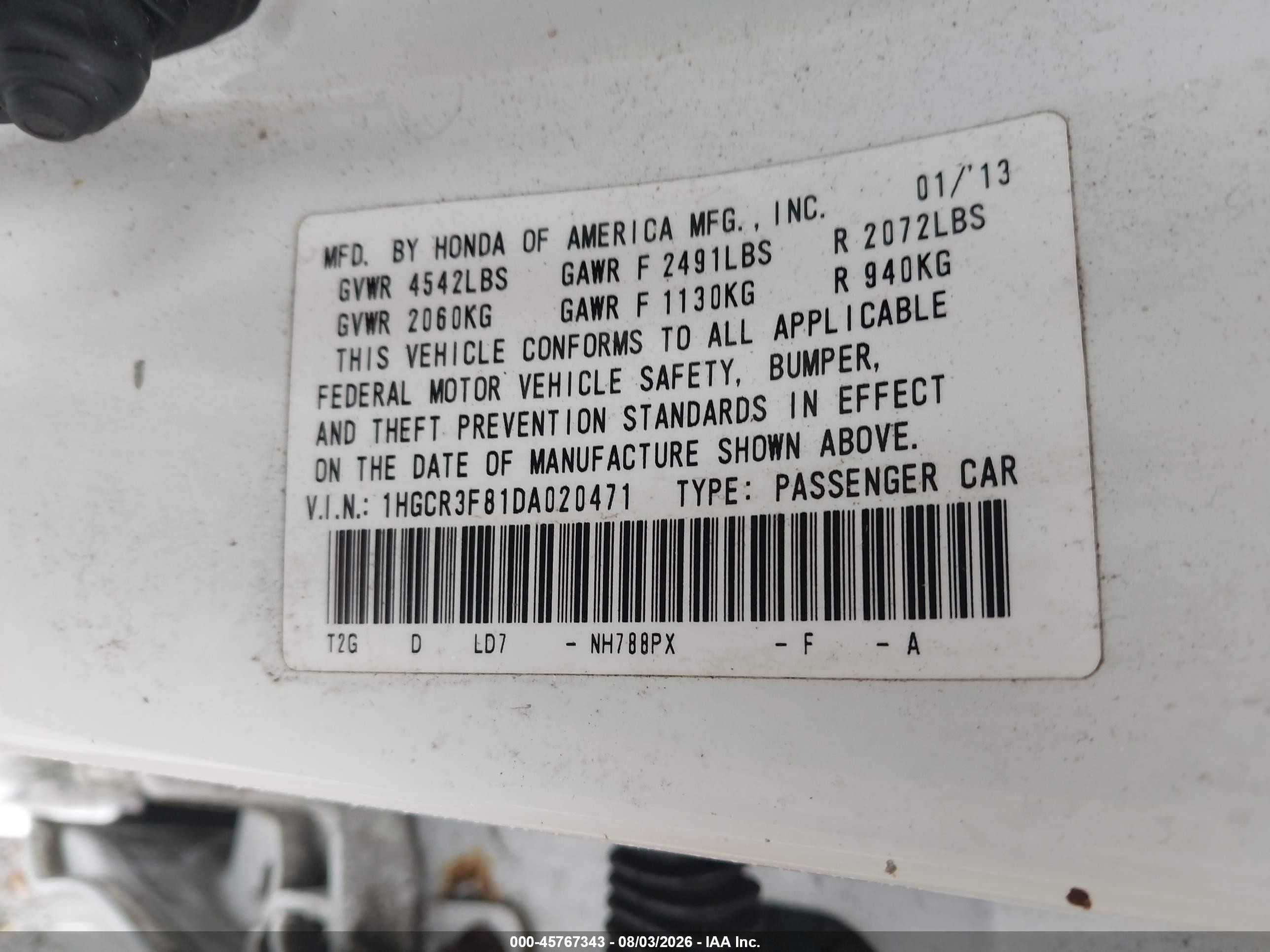 2013 Honda Accord Ex-l V-6 White vin: 1HGCR3F81DA020471