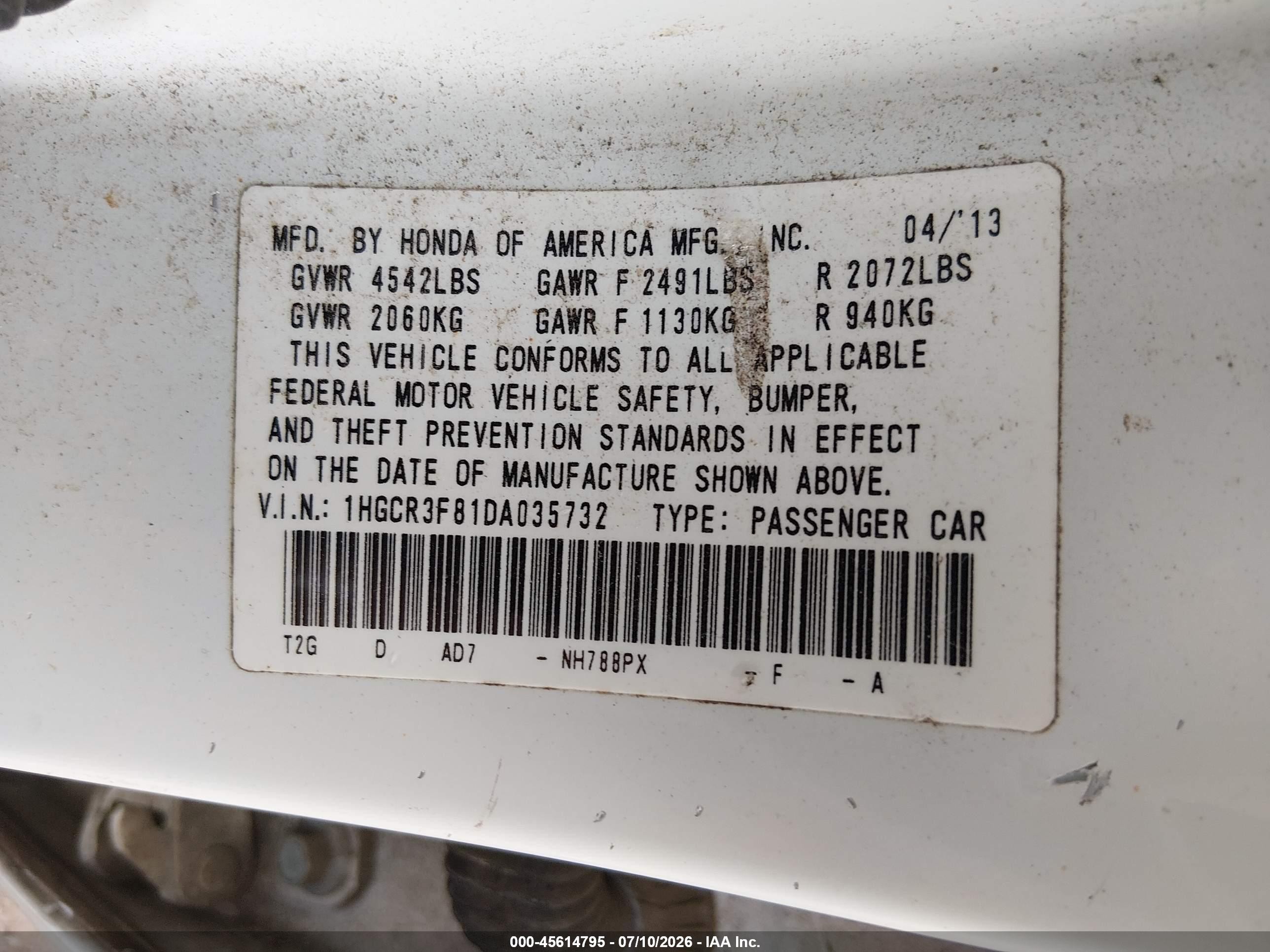 2013 Honda Accord Ex-l V-6 White vin: 1HGCR3F81DA035732