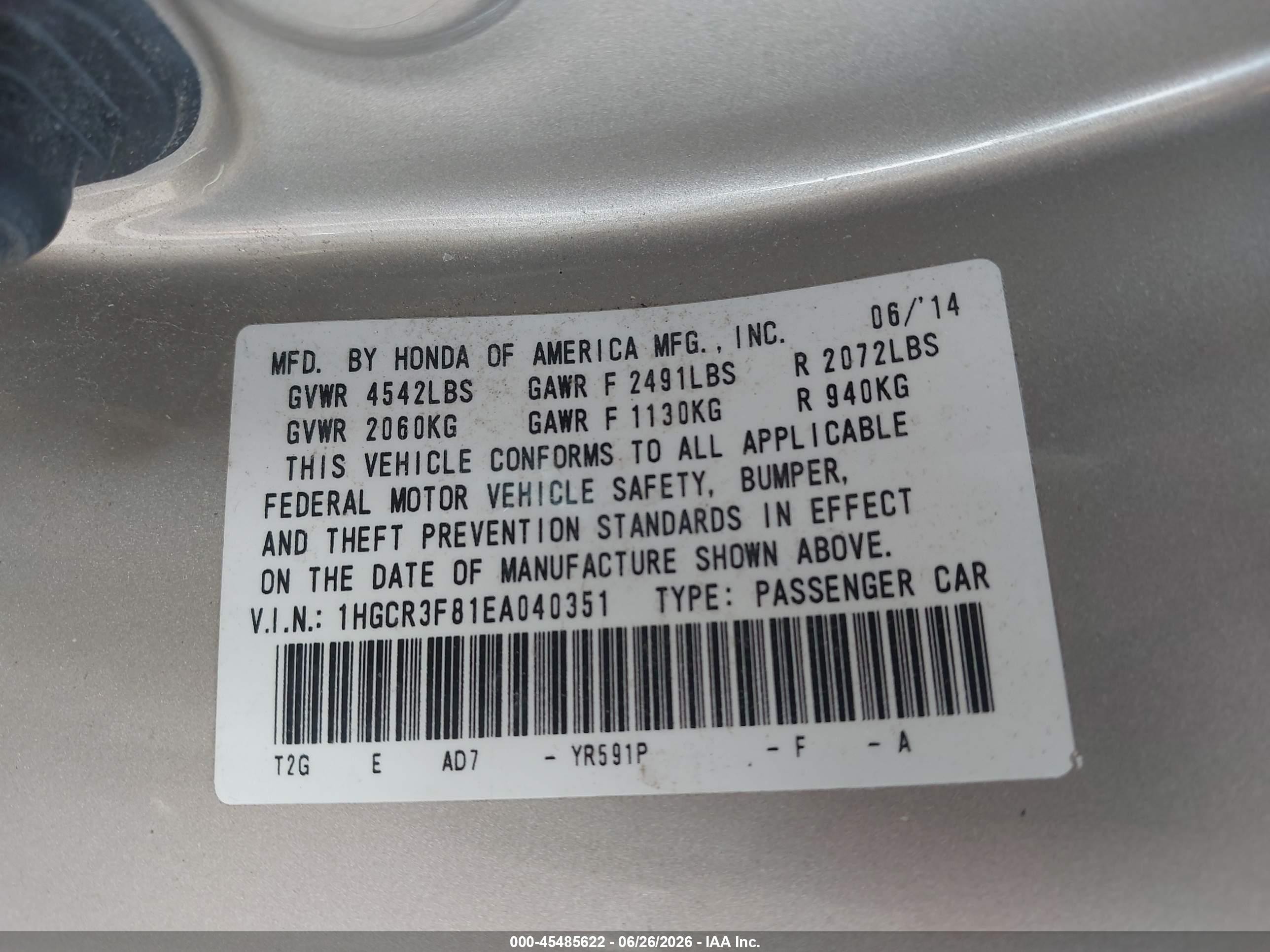 2014 Honda Accord Ex-l V-6 Cream vin: 1HGCR3F81EA040351