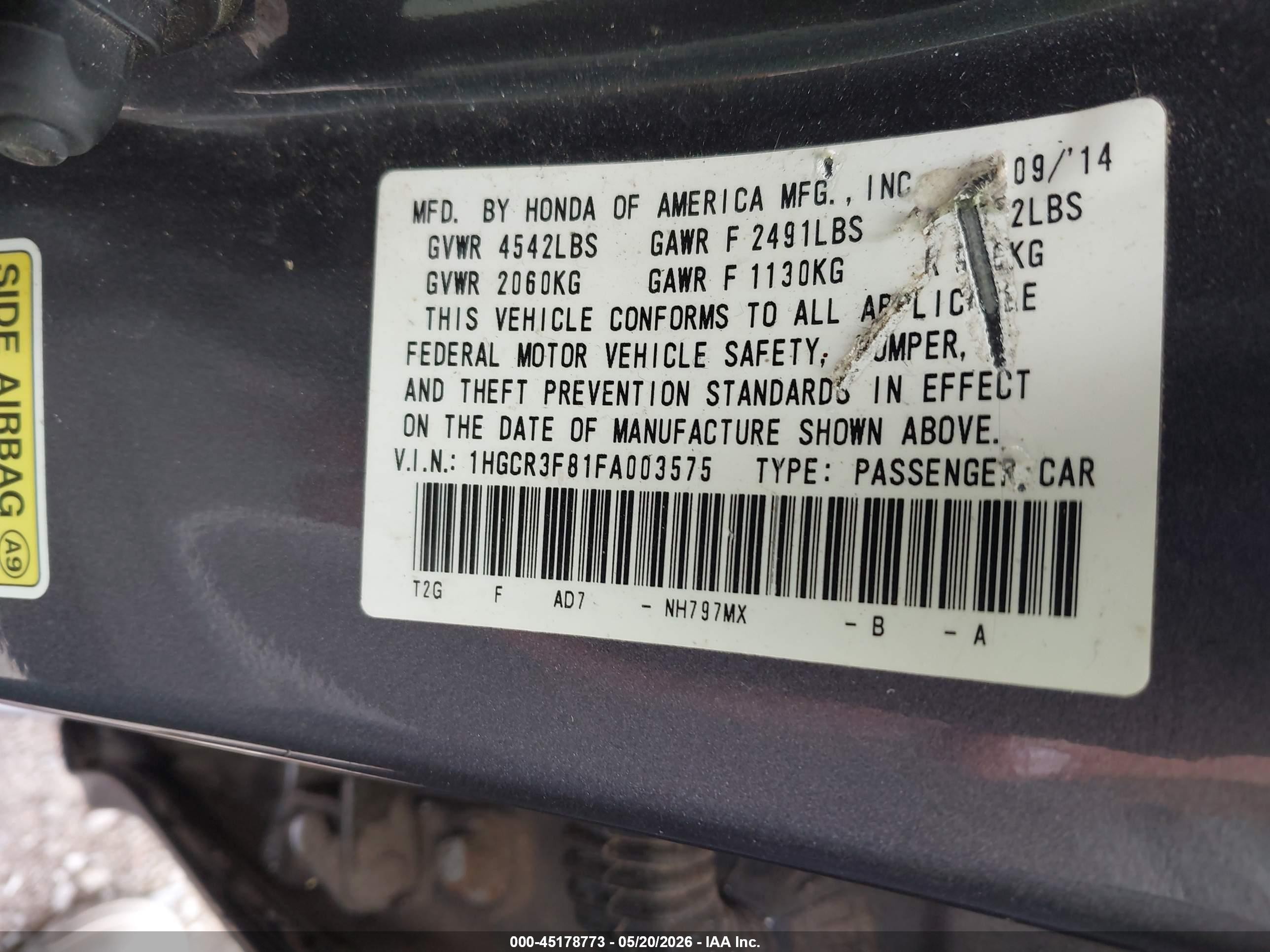 2015 Honda Accord Ex-l V-6 Gray vin: 1HGCR3F81FA003575