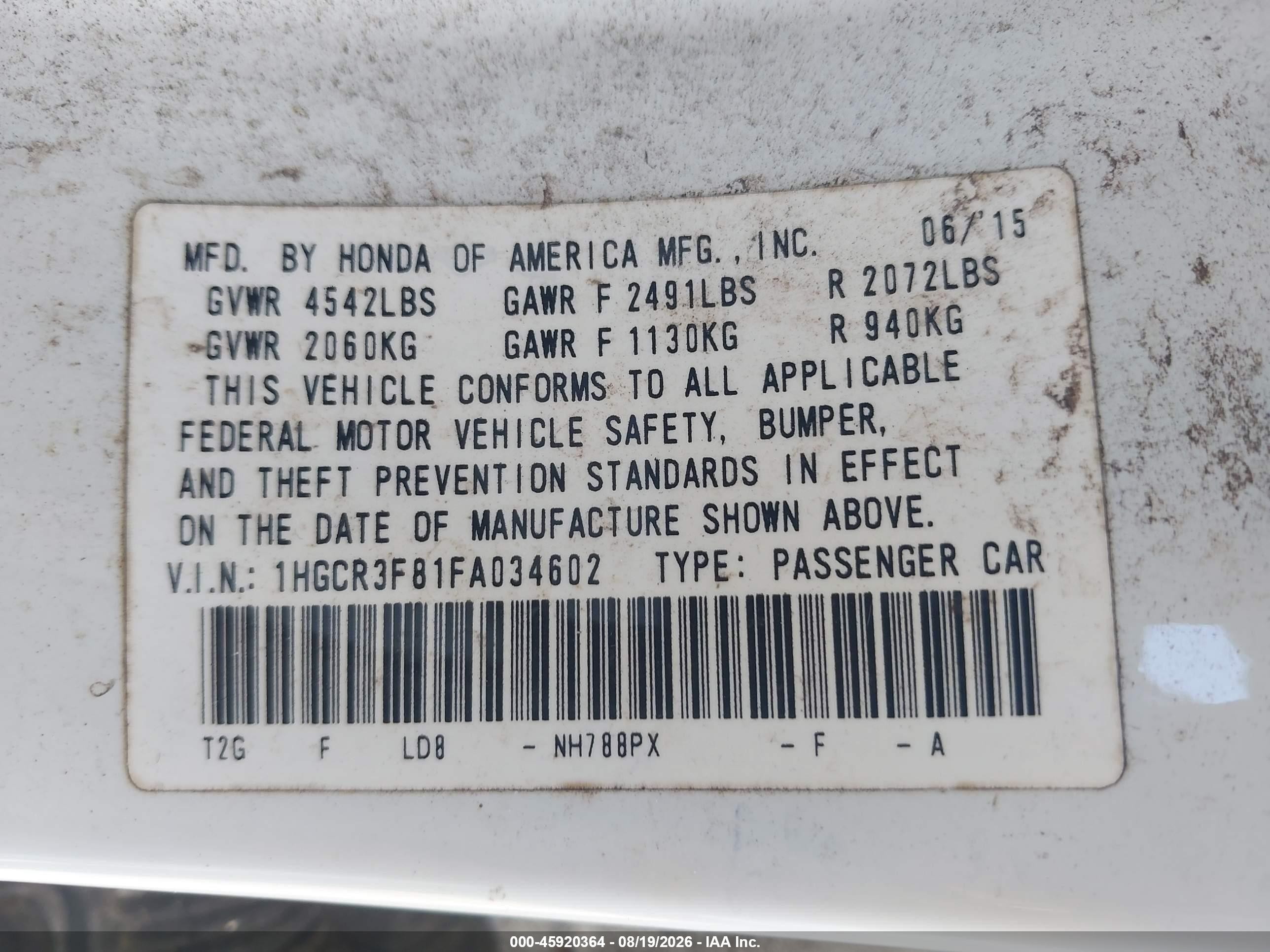 2015 Honda Accord Ex-l V-6 Белый vin: 1HGCR3F81FA034602
