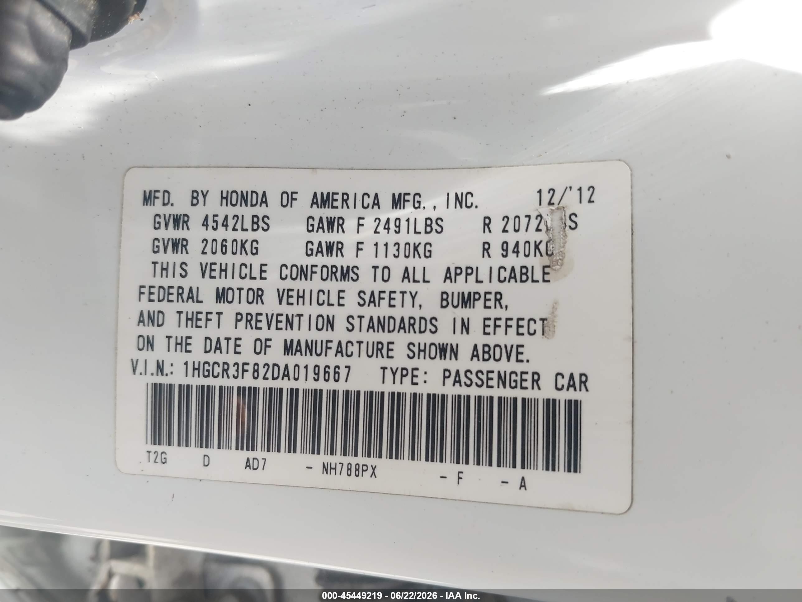 2013 Honda Accord Ex-l V-6 White vin: 1HGCR3F82DA019667